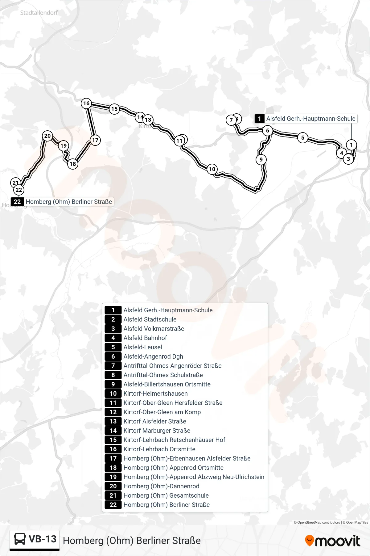 VB-13 bus Line (Homberg (Ohm) Berliner Straße) route and stops on a map