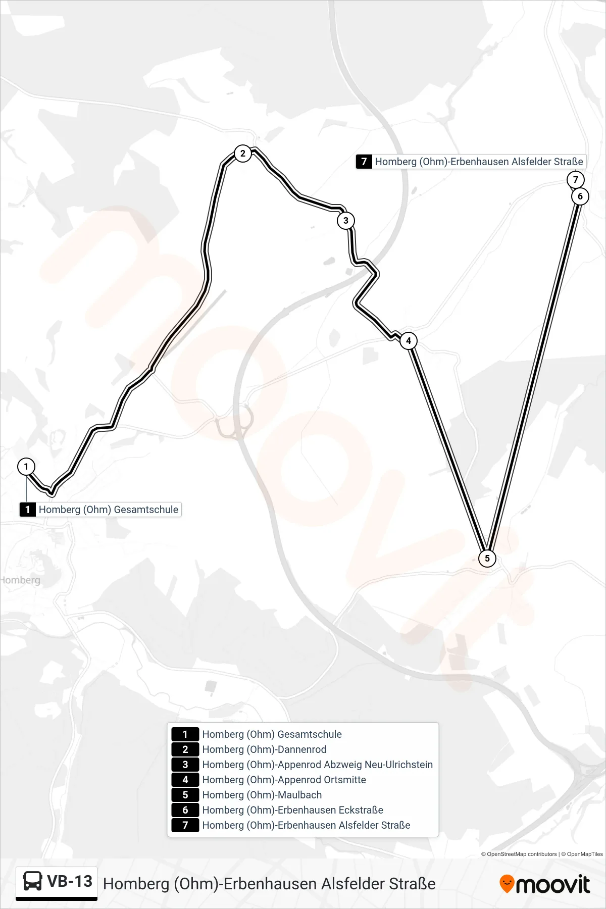 VB-13 bus Line (Homberg (Ohm)-Erbenhausen Alsfelder Straße) route and stops on a map