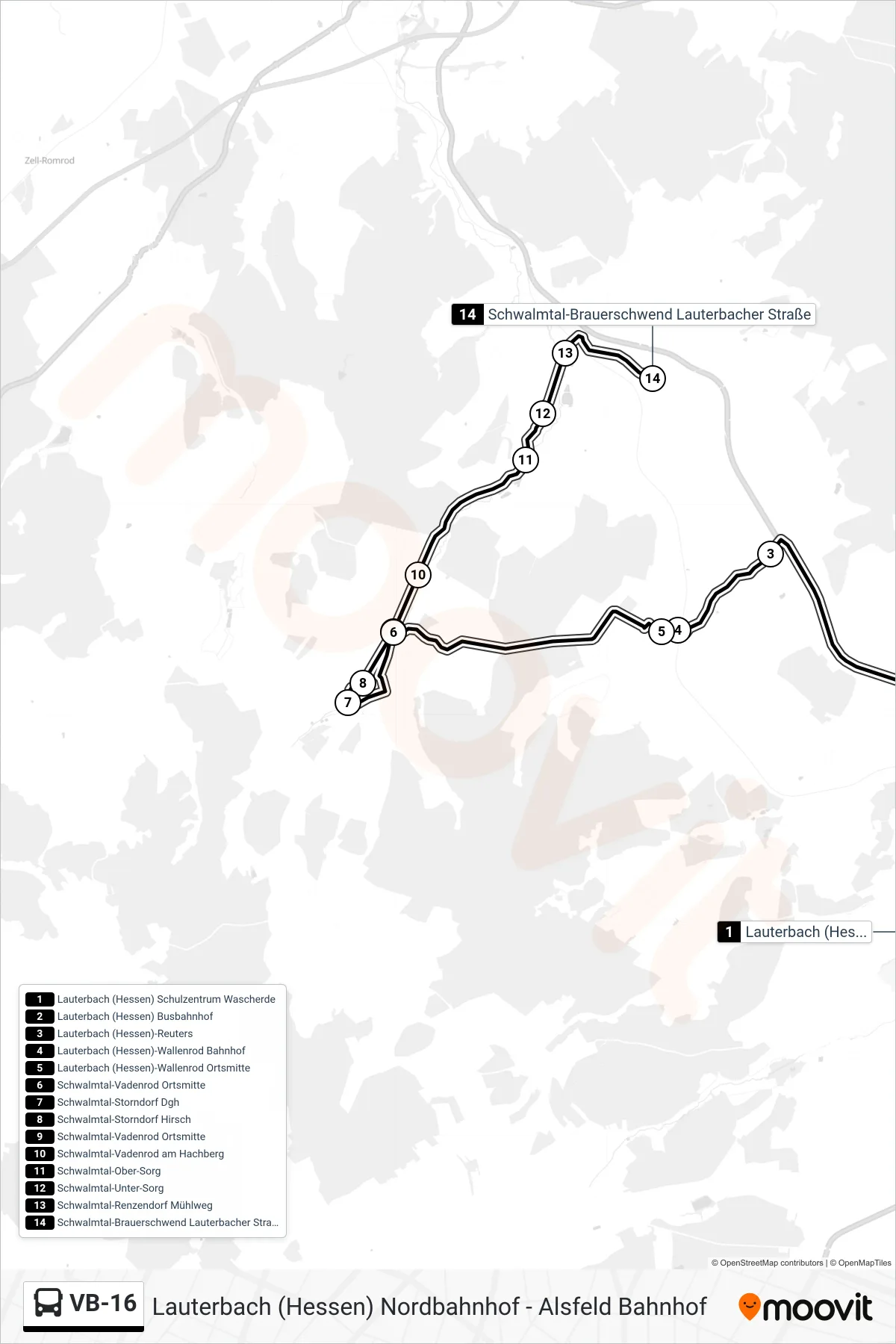 VB-16 bus Line (Schwalmtal-Brauerschwend Lauterbacher Straße) route and stops on a map