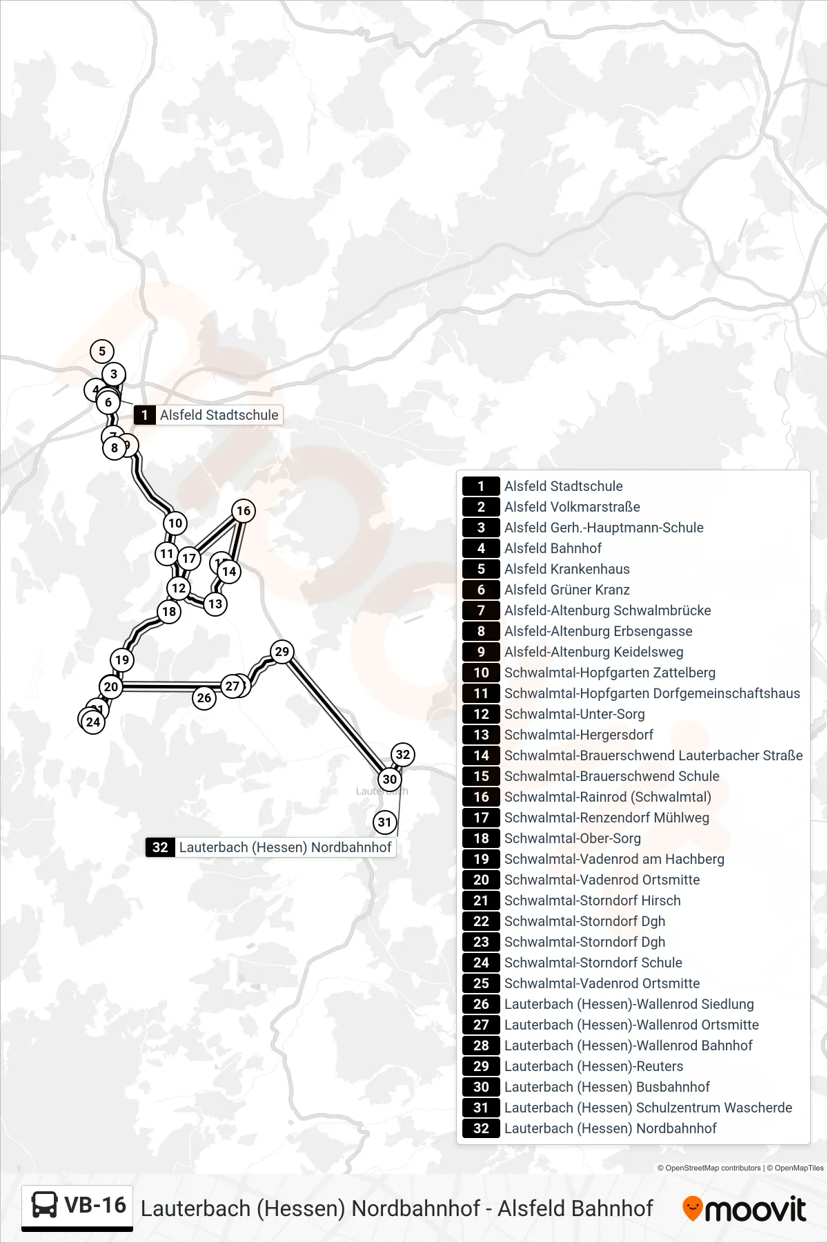 Linie VB-16 (Bus) Richtung Lauterbach (Hessen) Nordbahnhof: Route und Haltestellen auf der Karte
