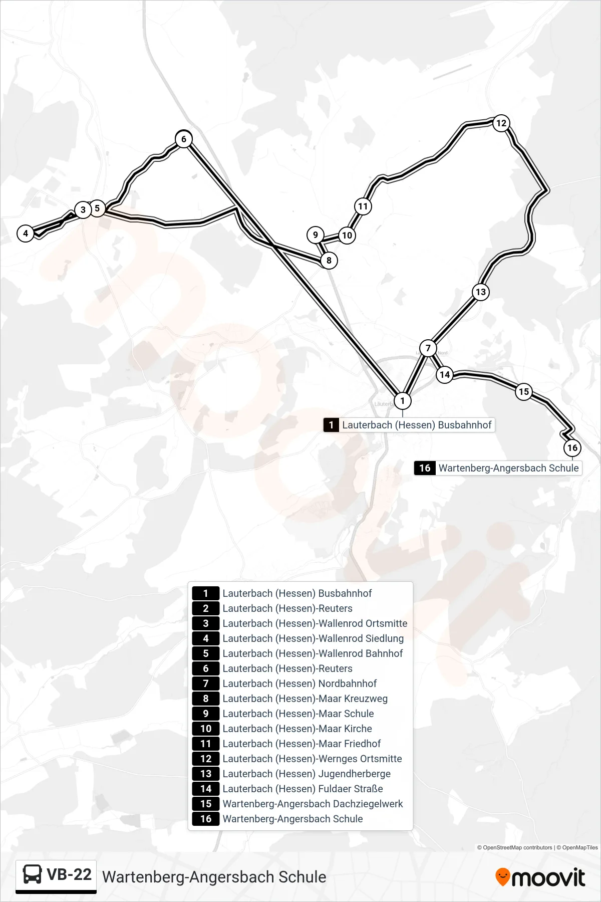 VB-22 bus Line (Wartenberg-Angersbach Schule) route and stops on a map