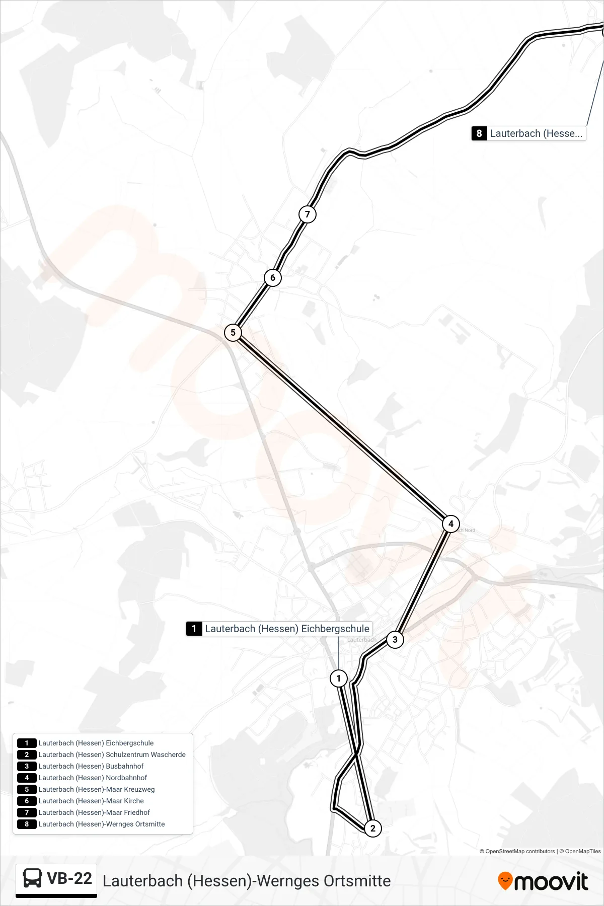 VB-22 bus Line (Lauterbach (Hessen)-Wernges Ortsmitte) route and stops on a map