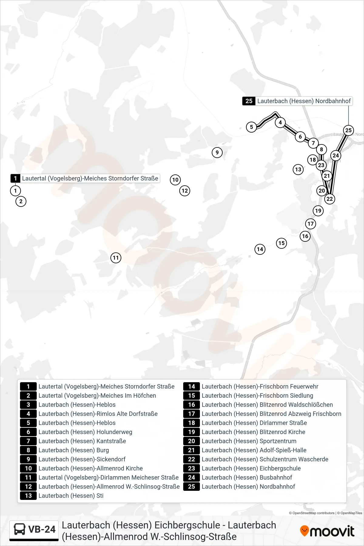 Linie VB-24 (Bus) Richtung Lauterbach (Hessen) Nordbahnhof: Route und Haltestellen auf der Karte