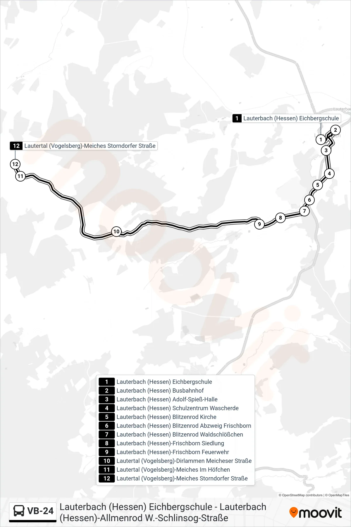 Linie VB-24 (Bus) Richtung Lautertal (Vogelsberg)-Meiches Storndorfer Straße: Route und Haltestellen auf der Karte