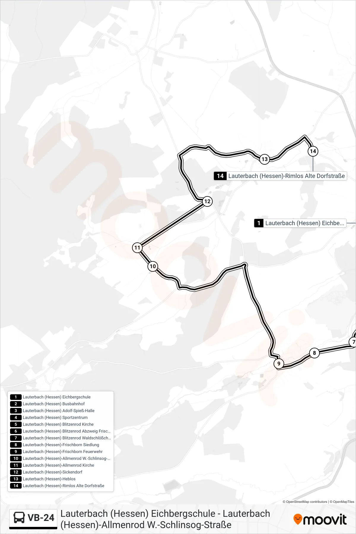 Linie VB-24 (Bus) Richtung Lauterbach (Hessen)-Rimlos Alte Dorfstraße: Route und Haltestellen auf der Karte