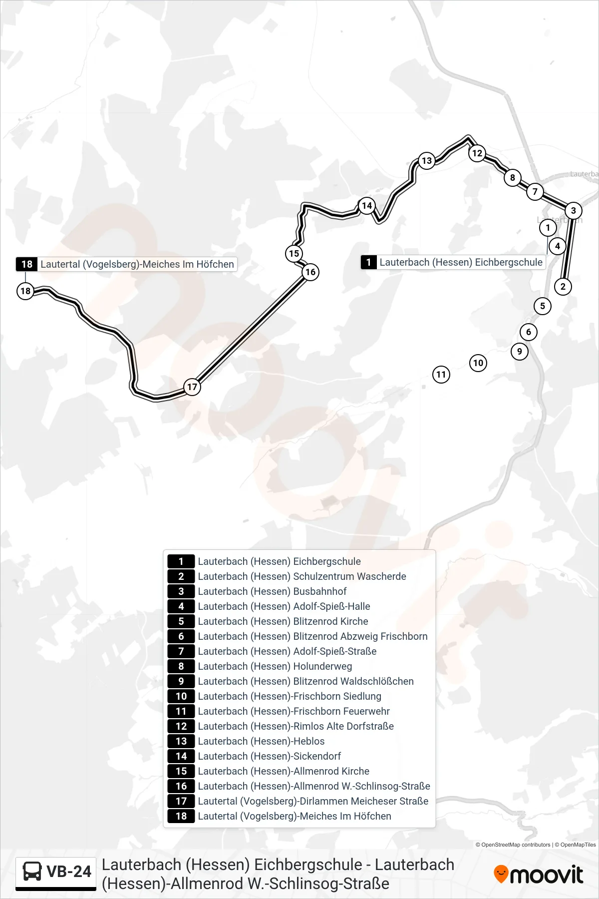 Linie VB-24 (Bus) Richtung Lautertal (Vogelsberg)-Meiches Im Höfchen: Route und Haltestellen auf der Karte