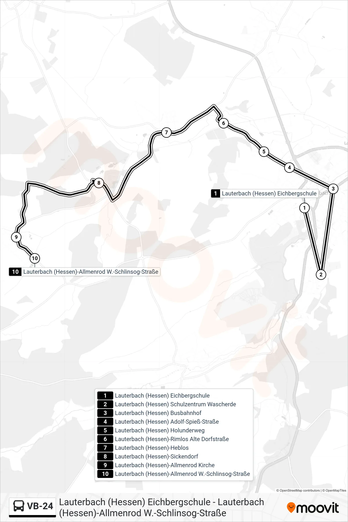 Linie VB-24 (Bus) Richtung Lauterbach (Hessen)-Allmenrod W.-Schlinsog-Straße: Route und Haltestellen auf der Karte