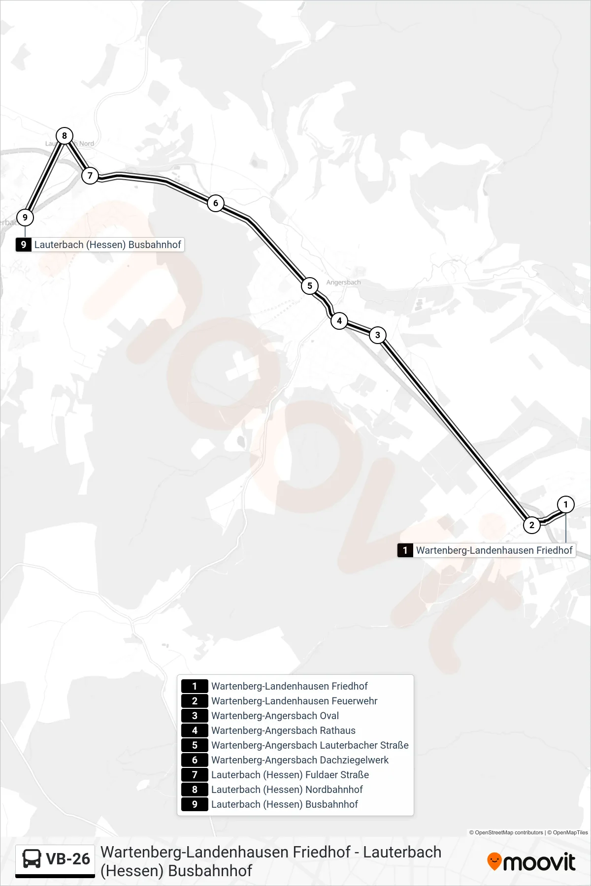 VB-26 bus Line (Lauterbach (Hessen) Busbahnhof) route and stops on a map