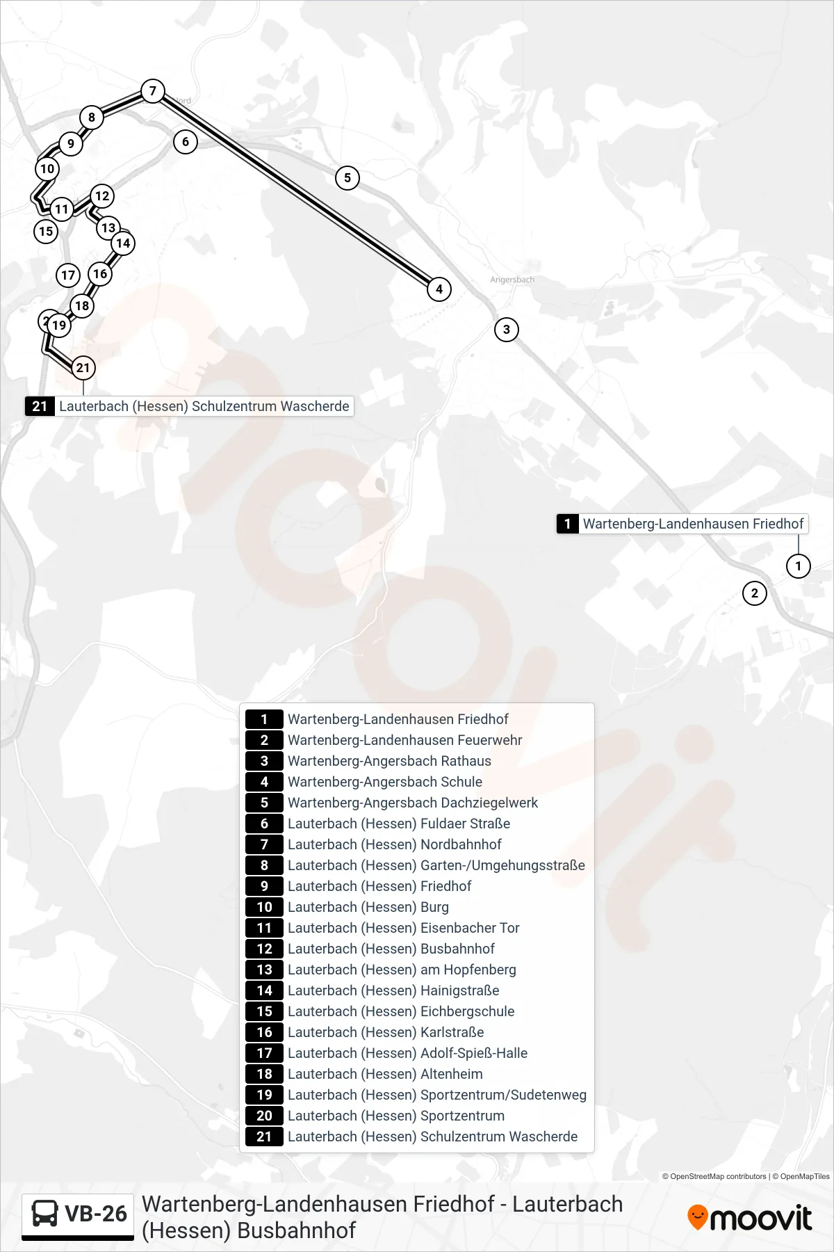 Linie VB-26 (Bus) Richtung Lauterbach (Hessen) Schulzentrum Wascherde: Route und Haltestellen auf der Karte