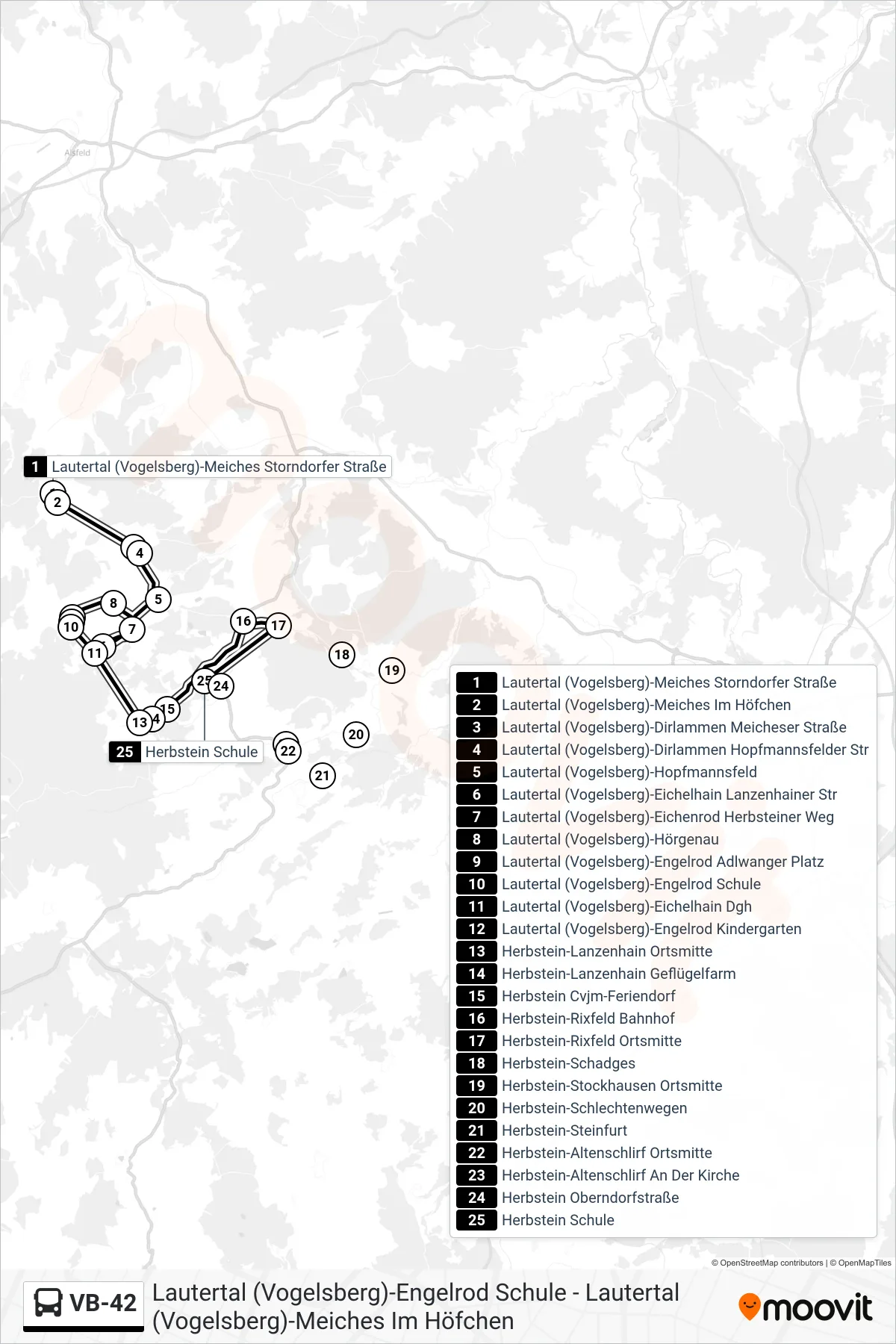 VB-42 bus Line (Herbstein Schule) route and stops on a map
