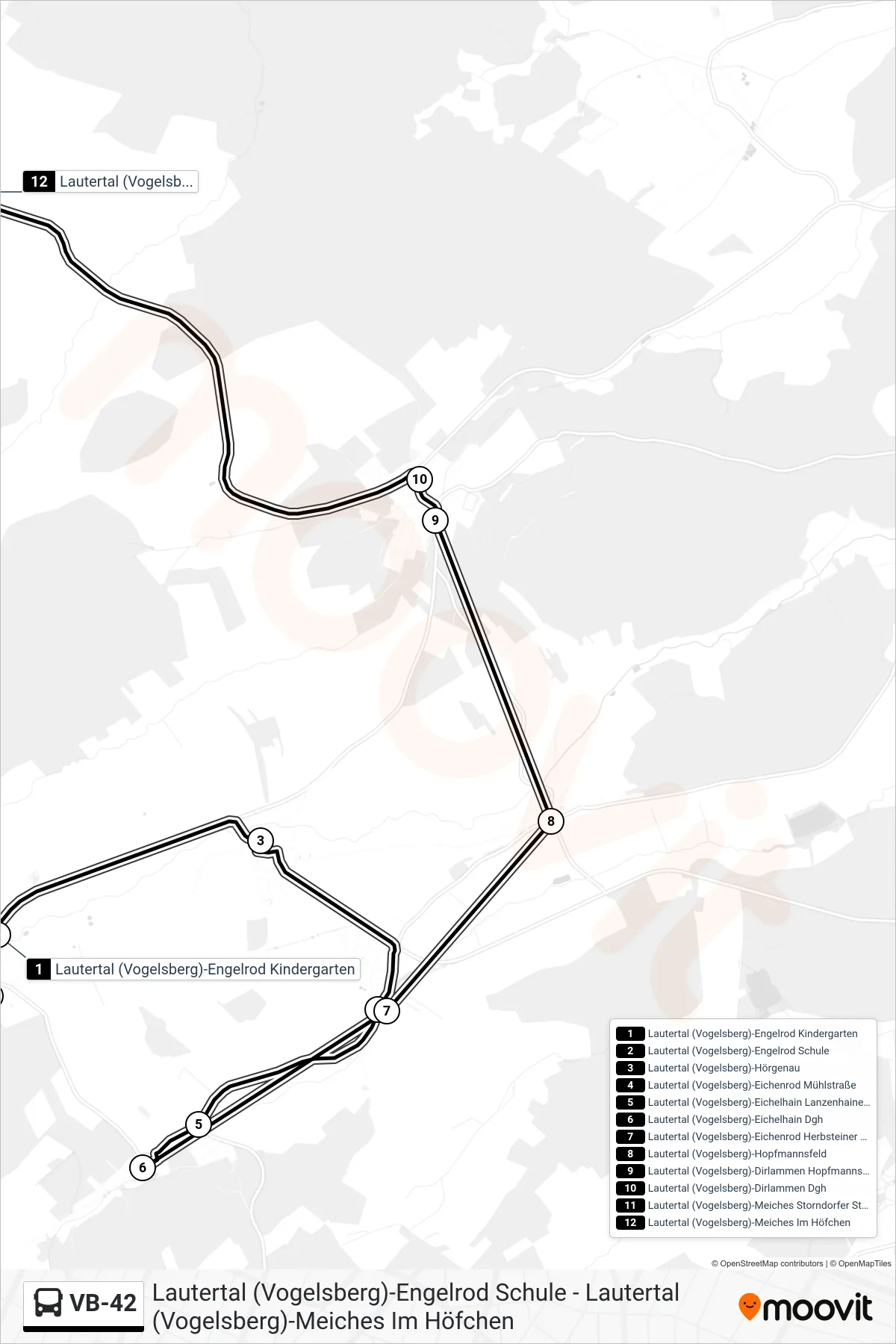 Linie VB-42 (Bus) Richtung Lautertal (Vogelsberg)-Meiches Im Höfchen: Route und Haltestellen auf der Karte