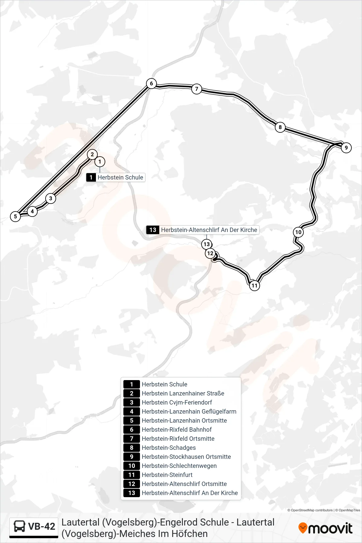 VB-42 bus Line (Herbstein-Altenschlirf An Der Kirche) route and stops on a map
