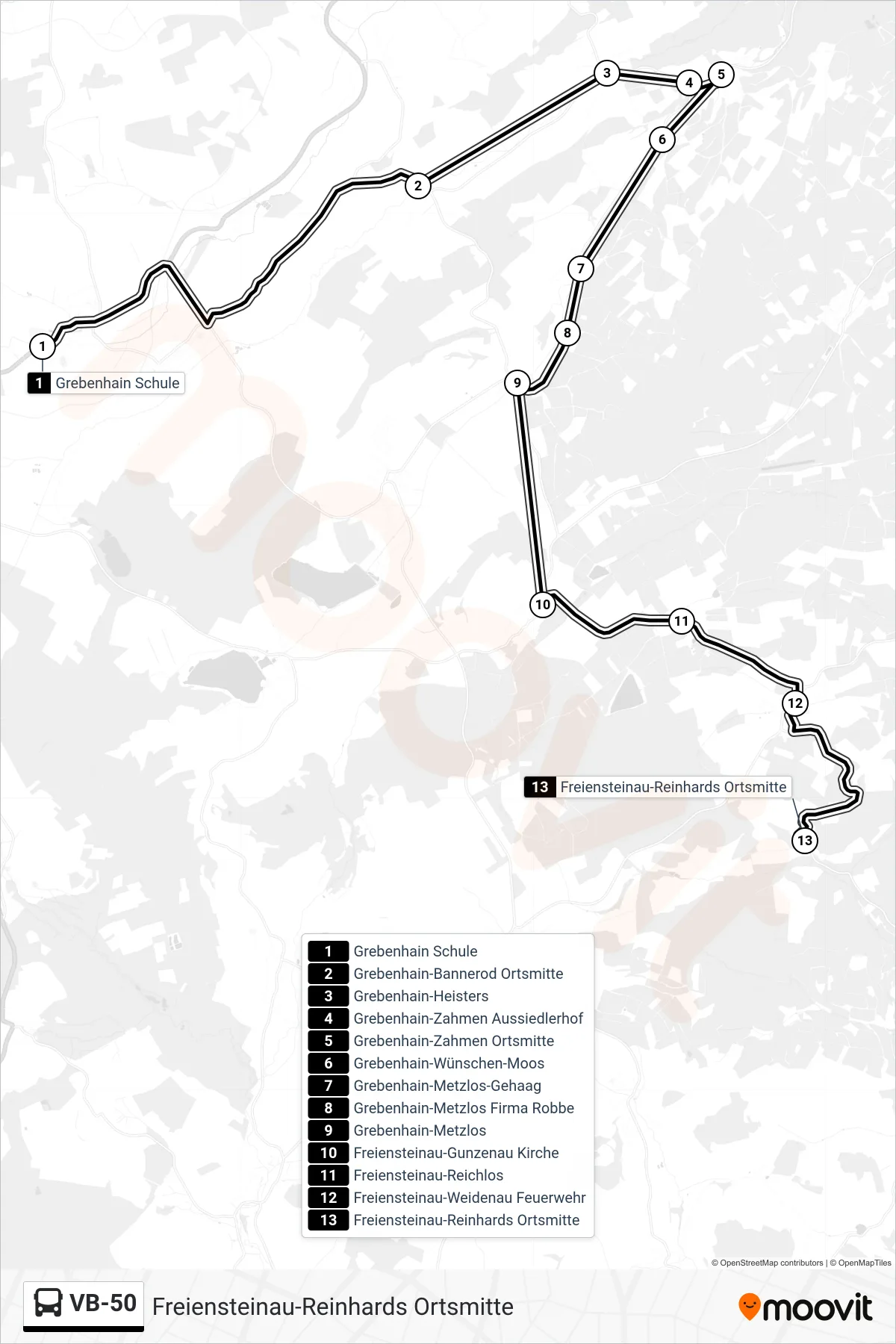 Linie VB-50 (Bus) Richtung Freiensteinau-Reinhards Ortsmitte: Route und Haltestellen auf der Karte
