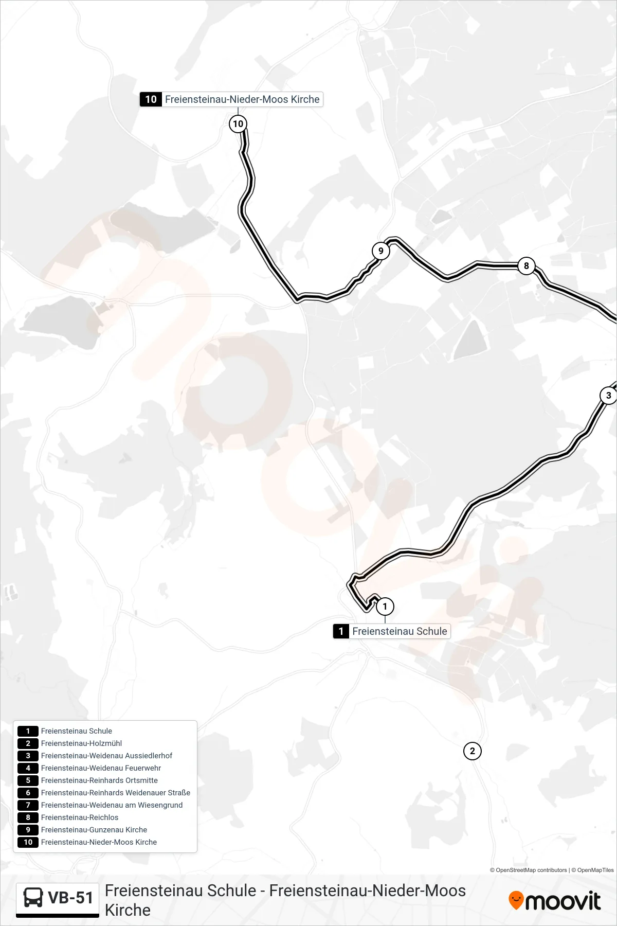 VB-51 bus Line (Freiensteinau-Nieder-Moos Kirche) route and stops on a map