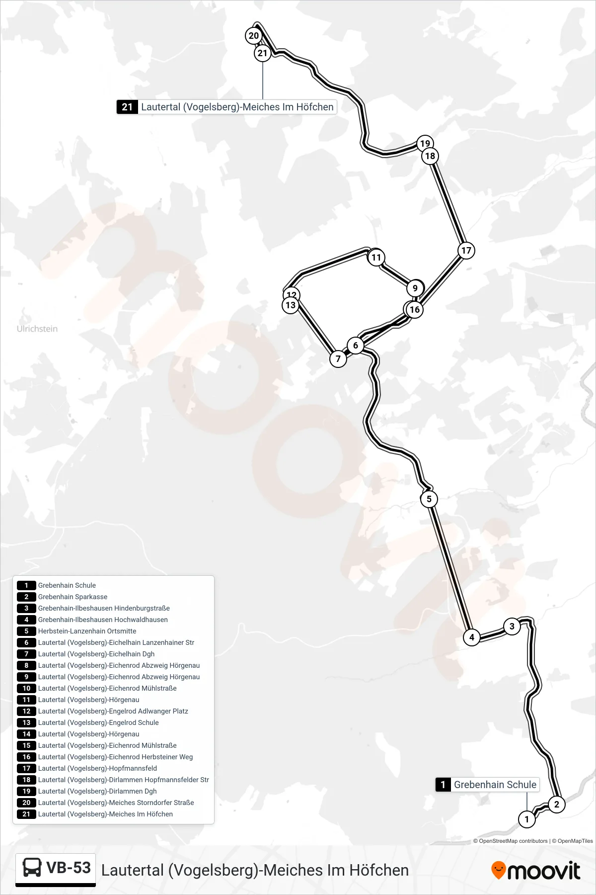 Linie VB-53 (Bus) Richtung Lautertal (Vogelsberg)-Meiches Im Höfchen: Route und Haltestellen auf der Karte