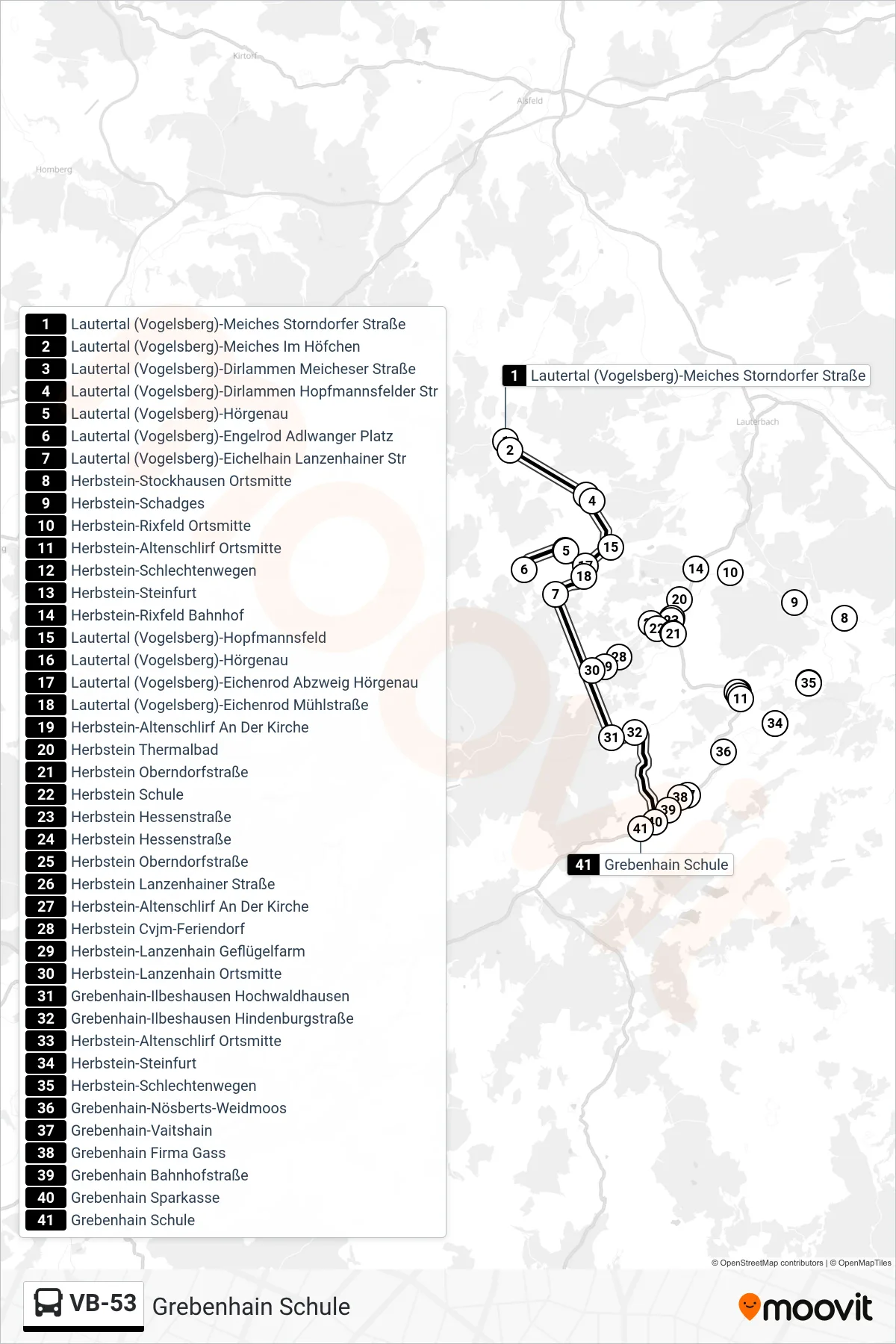 Linie VB-53 (Bus) Richtung Grebenhain Schule: Route und Haltestellen auf der Karte