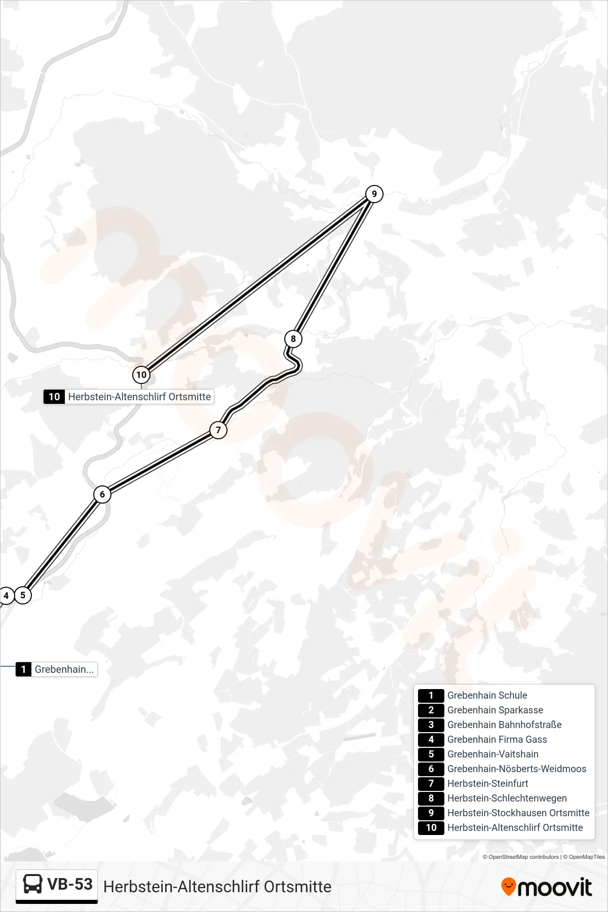 Linie VB-53 (Bus) Richtung Herbstein-Altenschlirf Ortsmitte: Route und Haltestellen auf der Karte