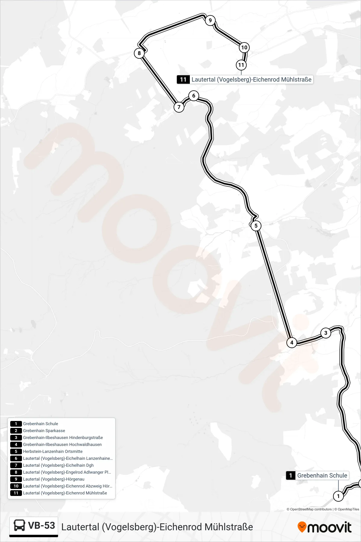 Linie VB-53 (Bus) Richtung Lautertal (Vogelsberg)-Eichenrod Mühlstraße: Route und Haltestellen auf der Karte