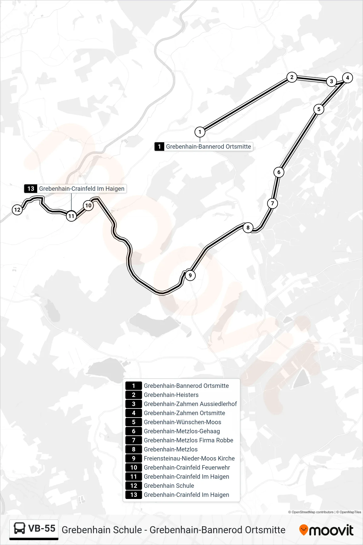 Linie VB-55 (Bus) Richtung Grebenhain-Crainfeld Im Haigen: Route und Haltestellen auf der Karte