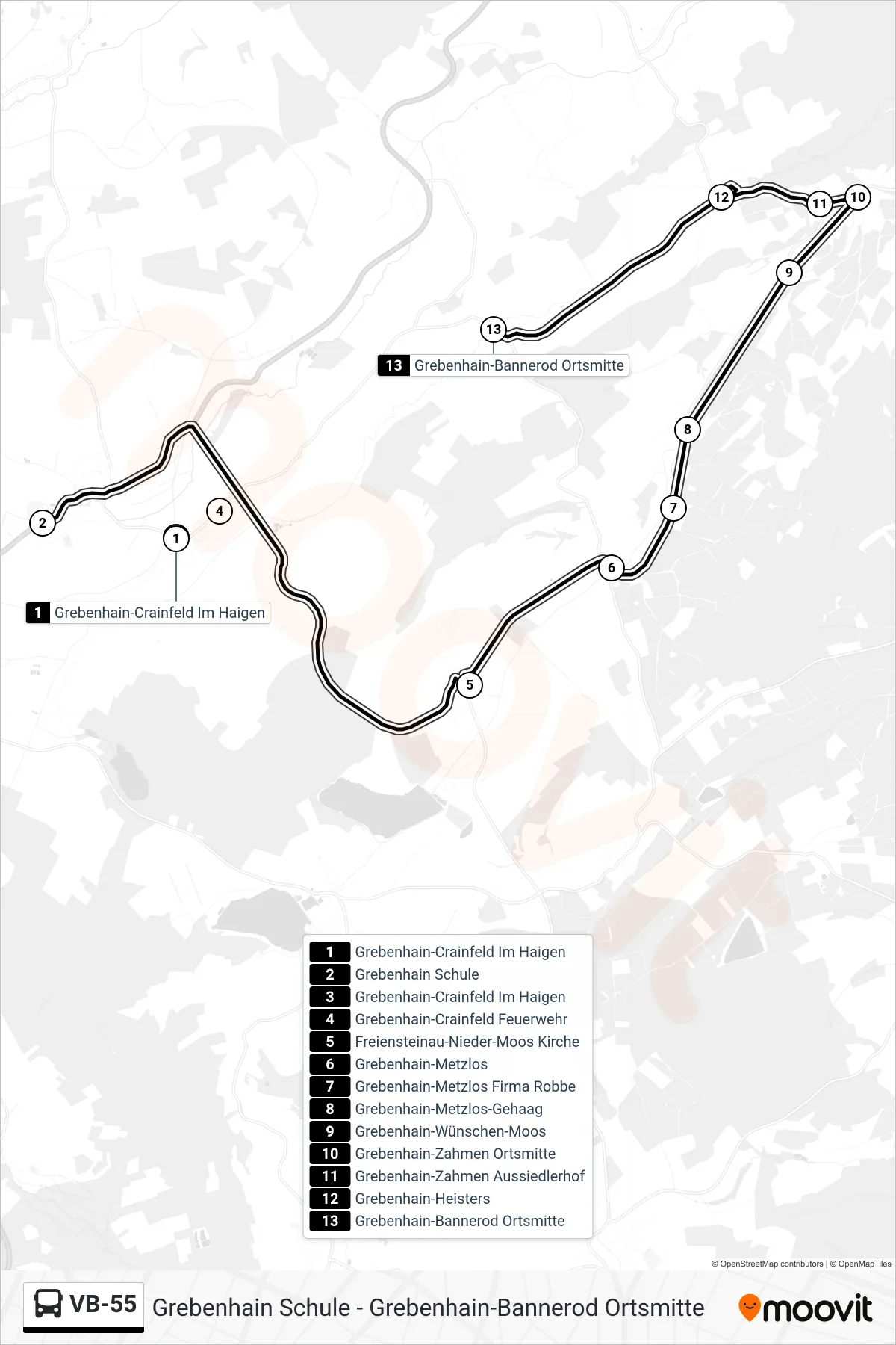 VB-55 bus Line (Grebenhain-Bannerod Ortsmitte) route and stops on a map
