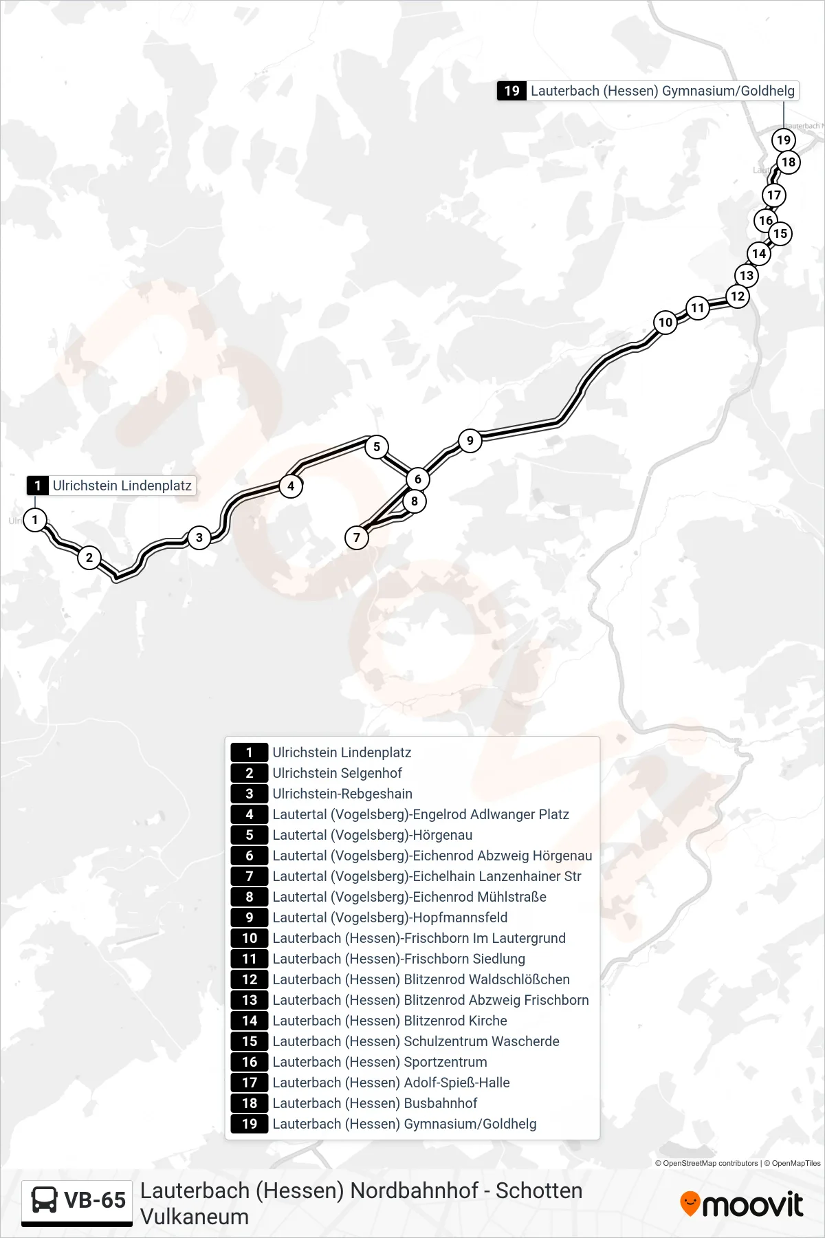 Linie VB-65 (Bus) Richtung Lauterbach (Hessen) Gymnasium/Goldhelg: Route und Haltestellen auf der Karte
