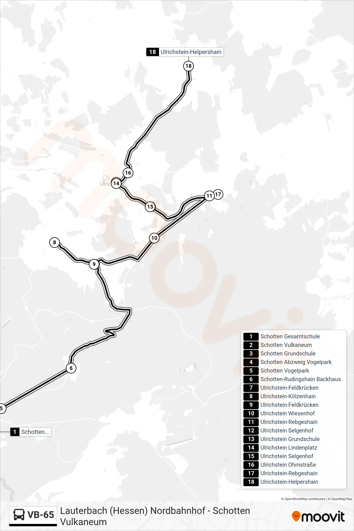 Linie VB-65 (Bus) Richtung Ulrichstein-Helpershain: Route und Haltestellen auf der Karte