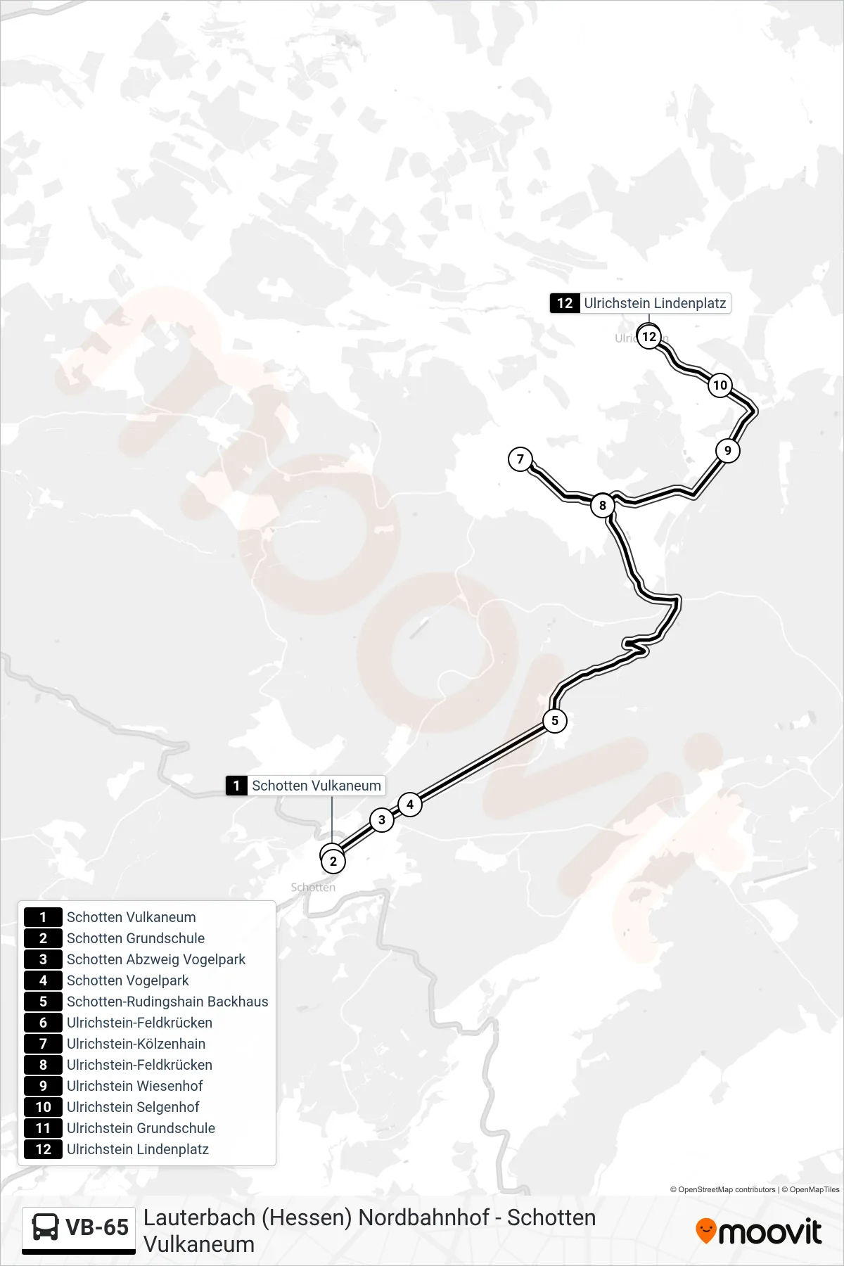 Linie VB-65 (Bus) Richtung Ulrichstein Lindenplatz: Route und Haltestellen auf der Karte