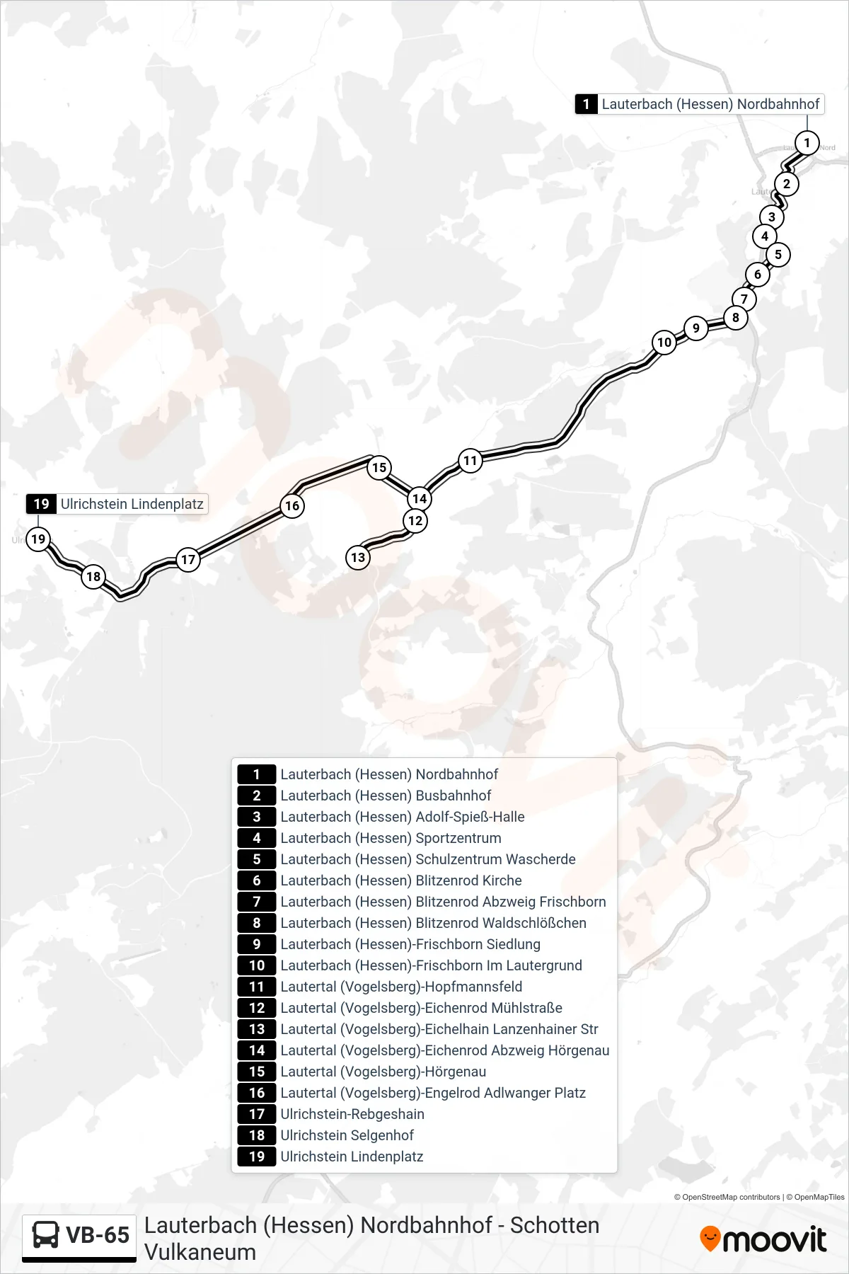 Linie VB-65 (Bus) Richtung Ulrichstein Lindenplatz: Route und Haltestellen auf der Karte
