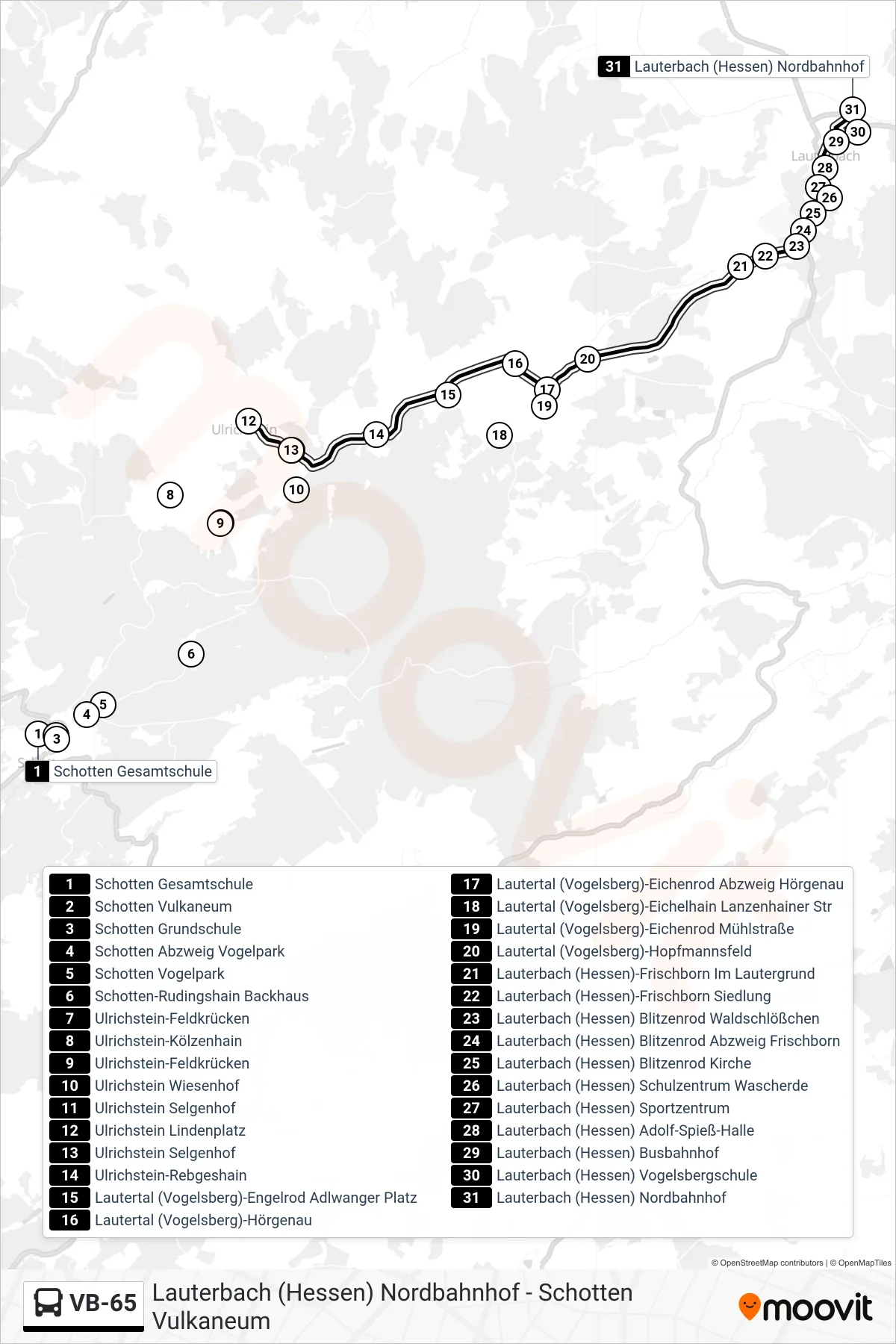 Linie VB-65 (Bus) Richtung Lauterbach (Hessen) Nordbahnhof: Route und Haltestellen auf der Karte