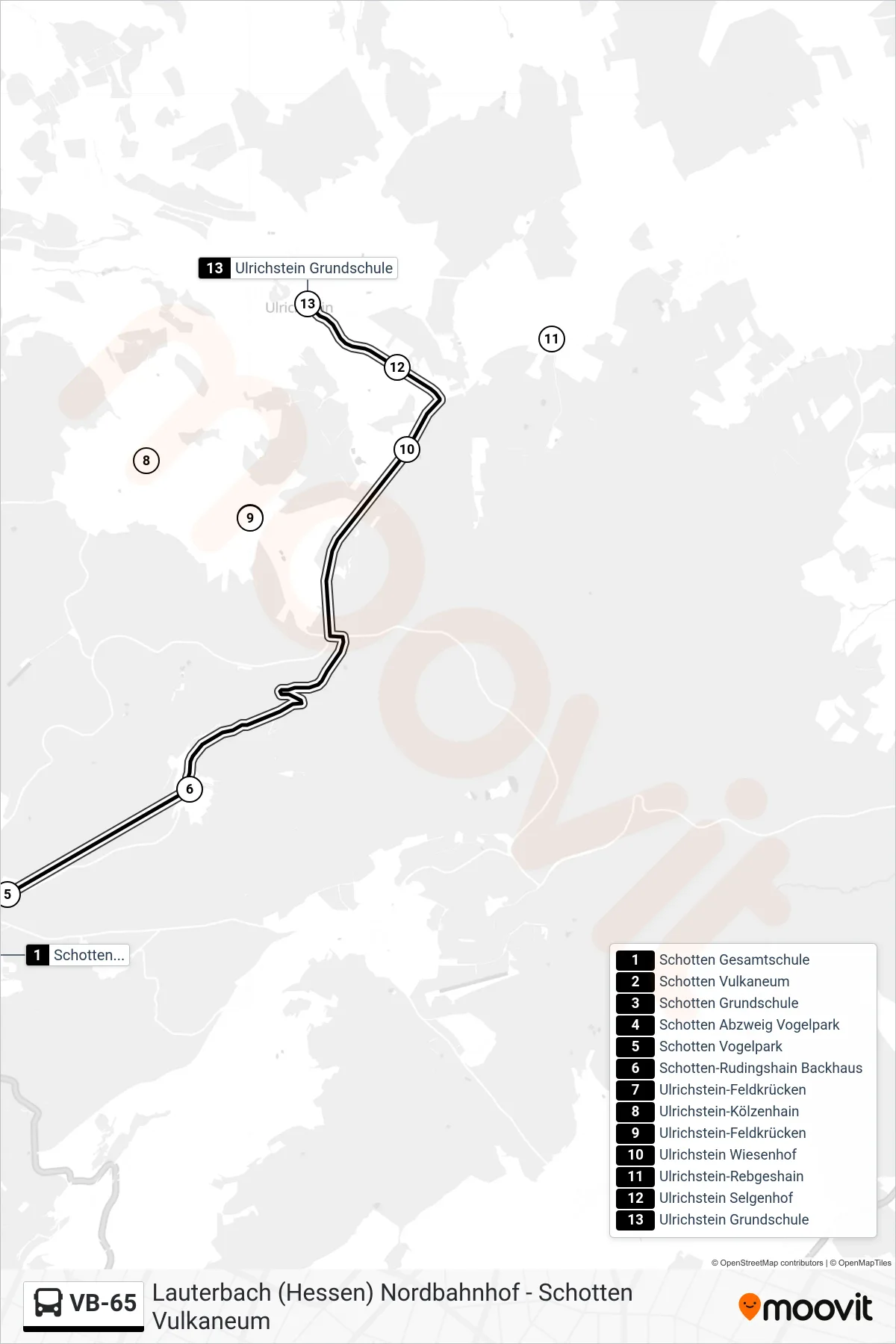 Linie VB-65 (Bus) Richtung Ulrichstein Grundschule: Route und Haltestellen auf der Karte