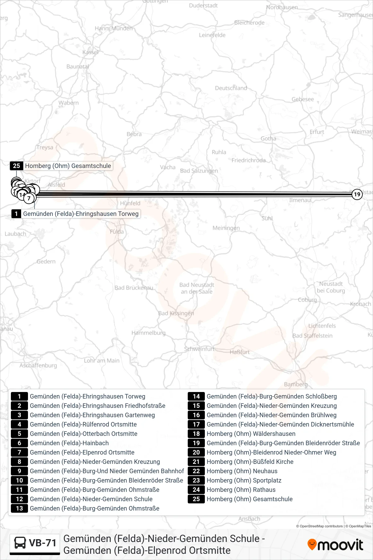 Linie VB-71 (Bus) Richtung Homberg (Ohm) Gesamtschule: Route und Haltestellen auf der Karte