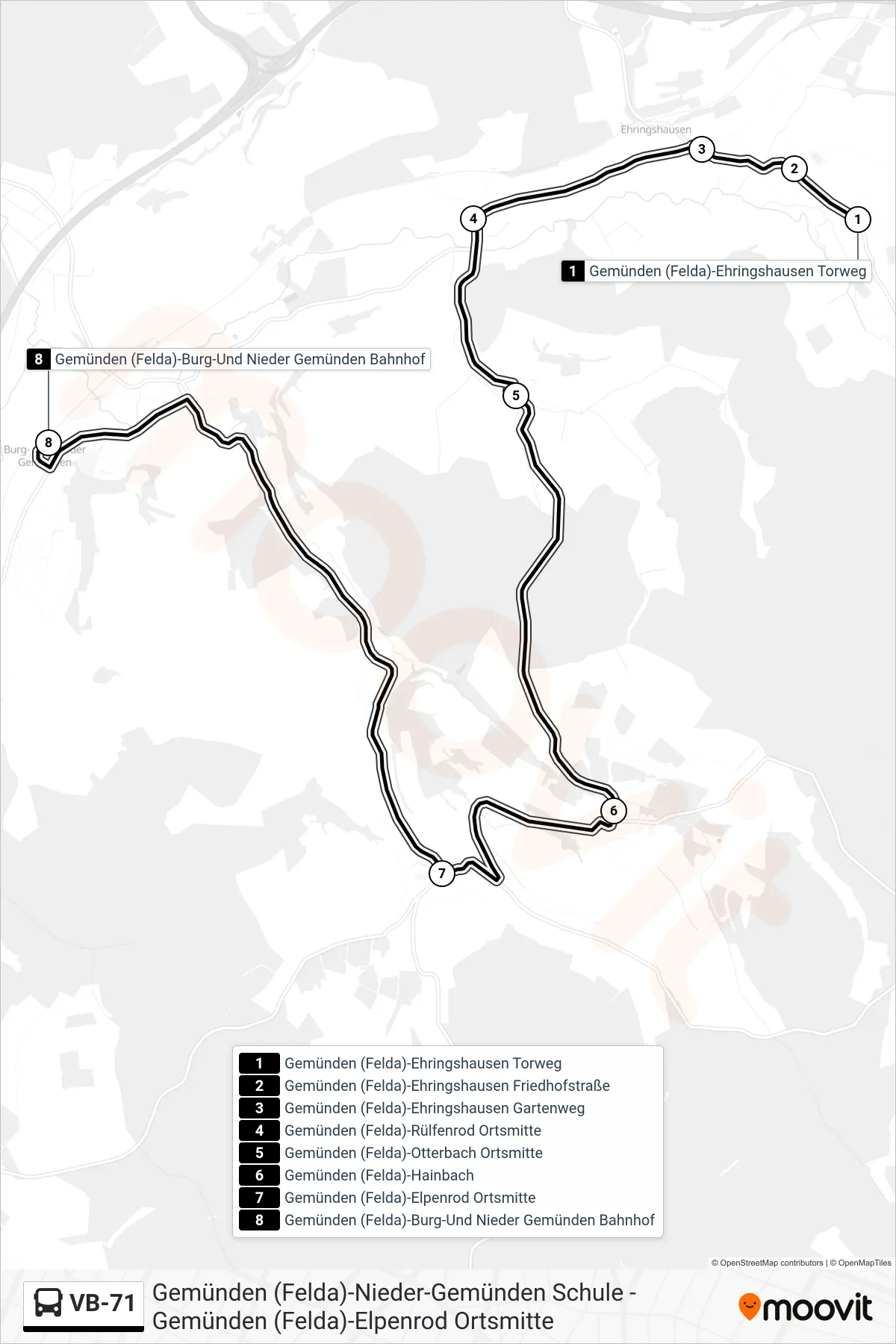 Linie VB-71 (Bus) Richtung Gemünden (Felda)-Burg-Und Nieder Gemünden Bahnhof: Route und Haltestellen auf der Karte