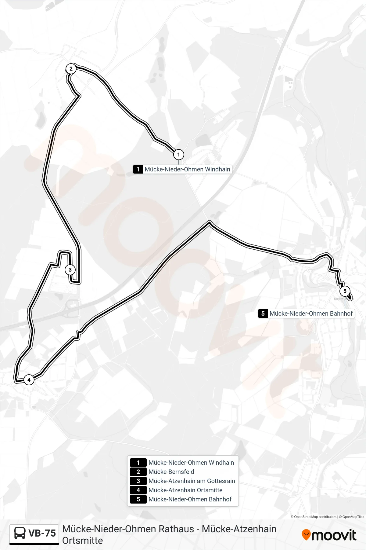 Linie VB-75 (Bus) Richtung Mücke-Nieder-Ohmen Bahnhof: Route und Haltestellen auf der Karte