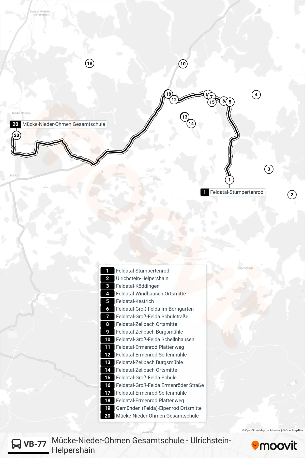 VB-77 bus Line (Mücke-Nieder-Ohmen Gesamtschule) route and stops on a map
