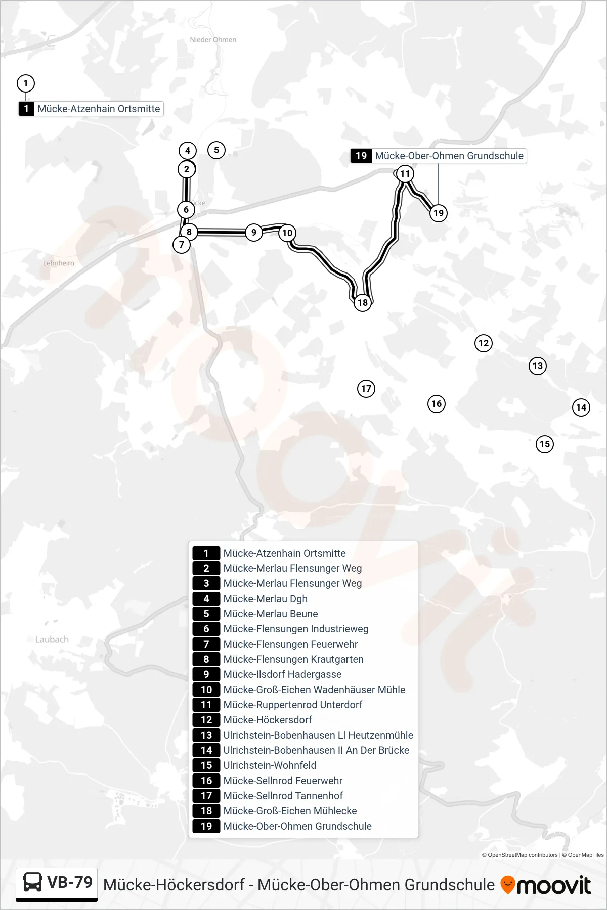 VB-79 bus Line (Mücke-Ober-Ohmen Grundschule) route and stops on a map