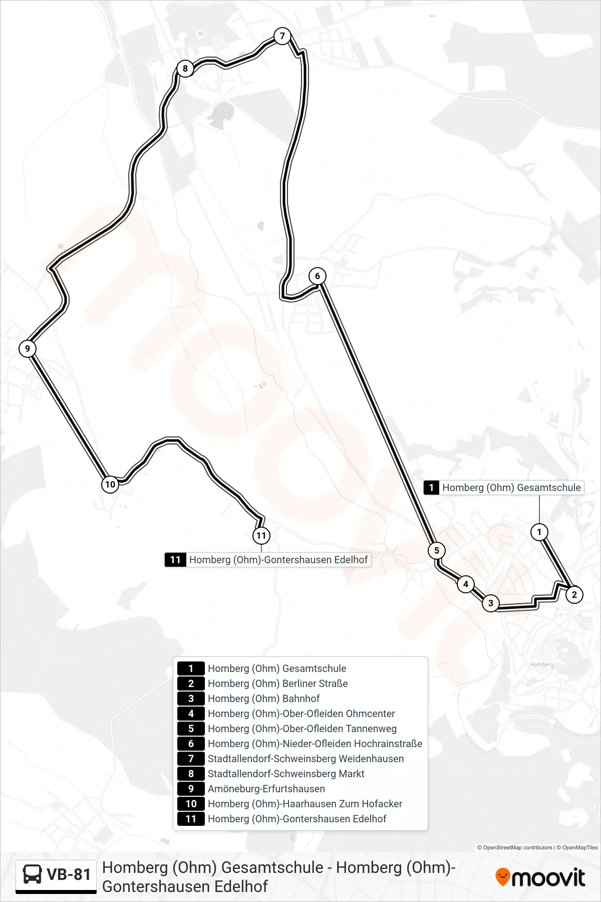 VB-81 bus Line (Homberg (Ohm)-Gontershausen Edelhof) route and stops on a map