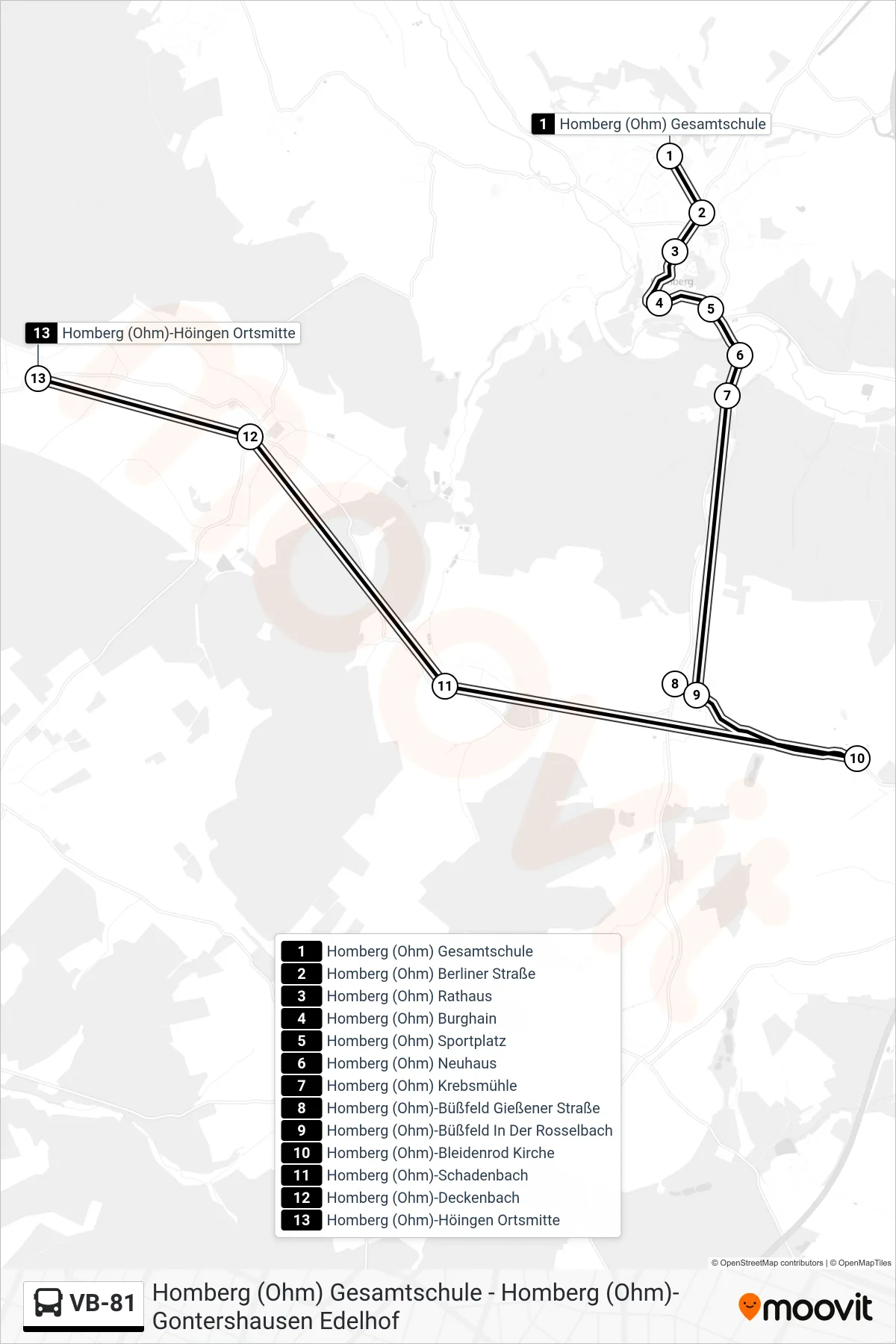 VB-81 bus Line (Homberg (Ohm)-Höingen Ortsmitte) route and stops on a map
