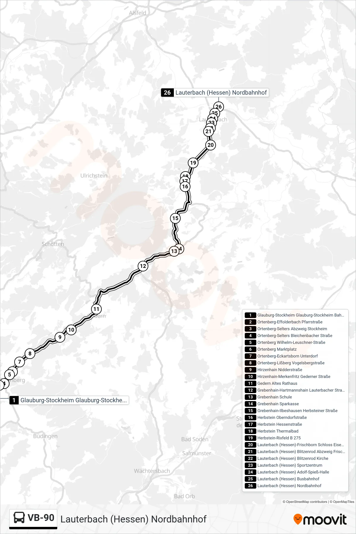 Linie VB-90 (Bus) Richtung Lauterbach (Hessen) Nordbahnhof: Route und Haltestellen auf der Karte
