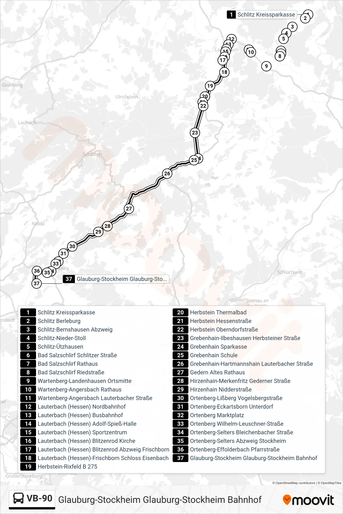 Linie VB-90 (Bus) Richtung Glauburg-Stockheim Glauburg-Stockheim Bahnhof: Route und Haltestellen auf der Karte