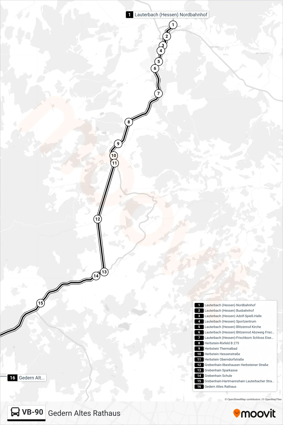 VB-90 bus Line (Gedern Altes Rathaus) route and stops on a map