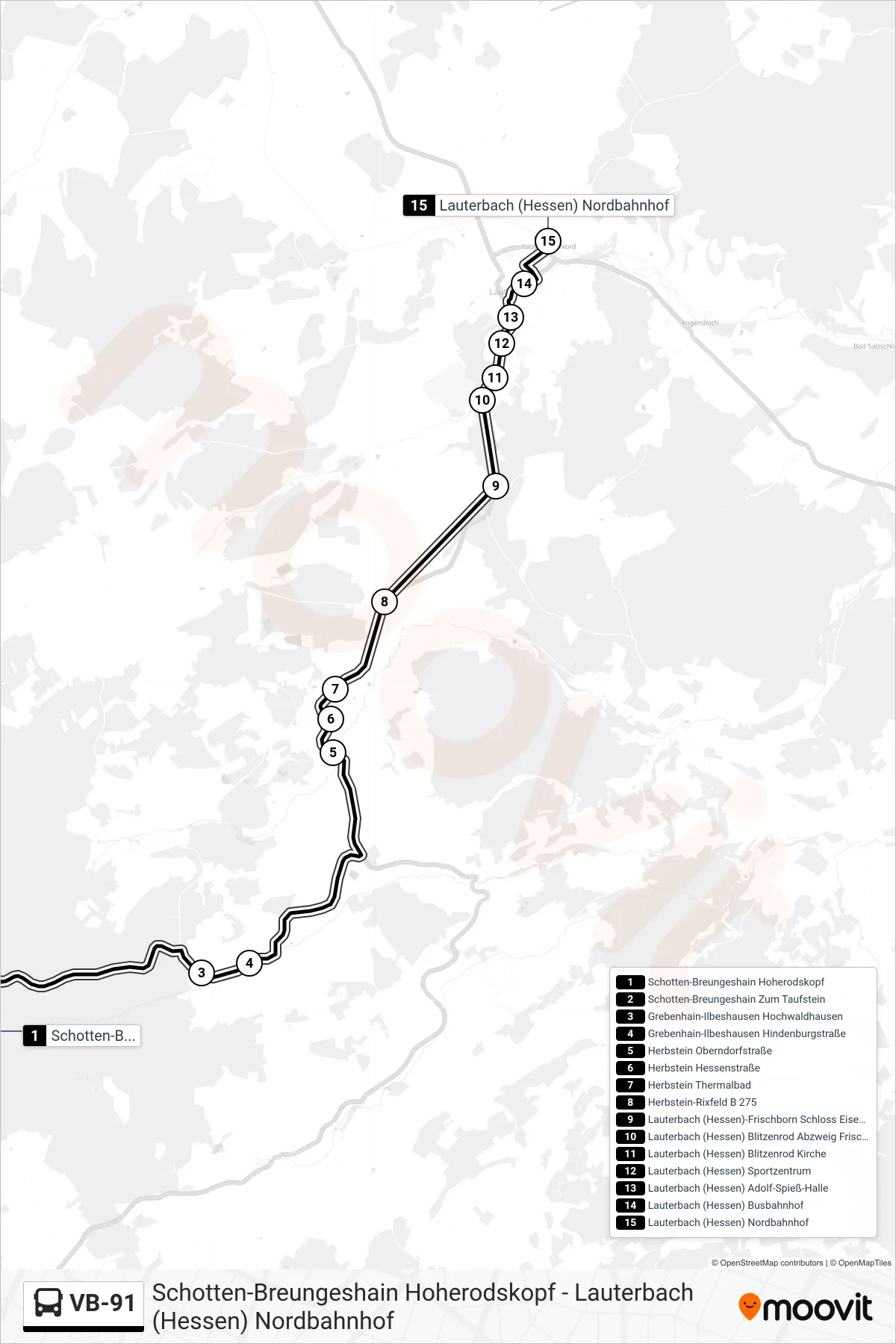 Linie VB-91 (Bus) Richtung Lauterbach (Hessen) Nordbahnhof: Route und Haltestellen auf der Karte
