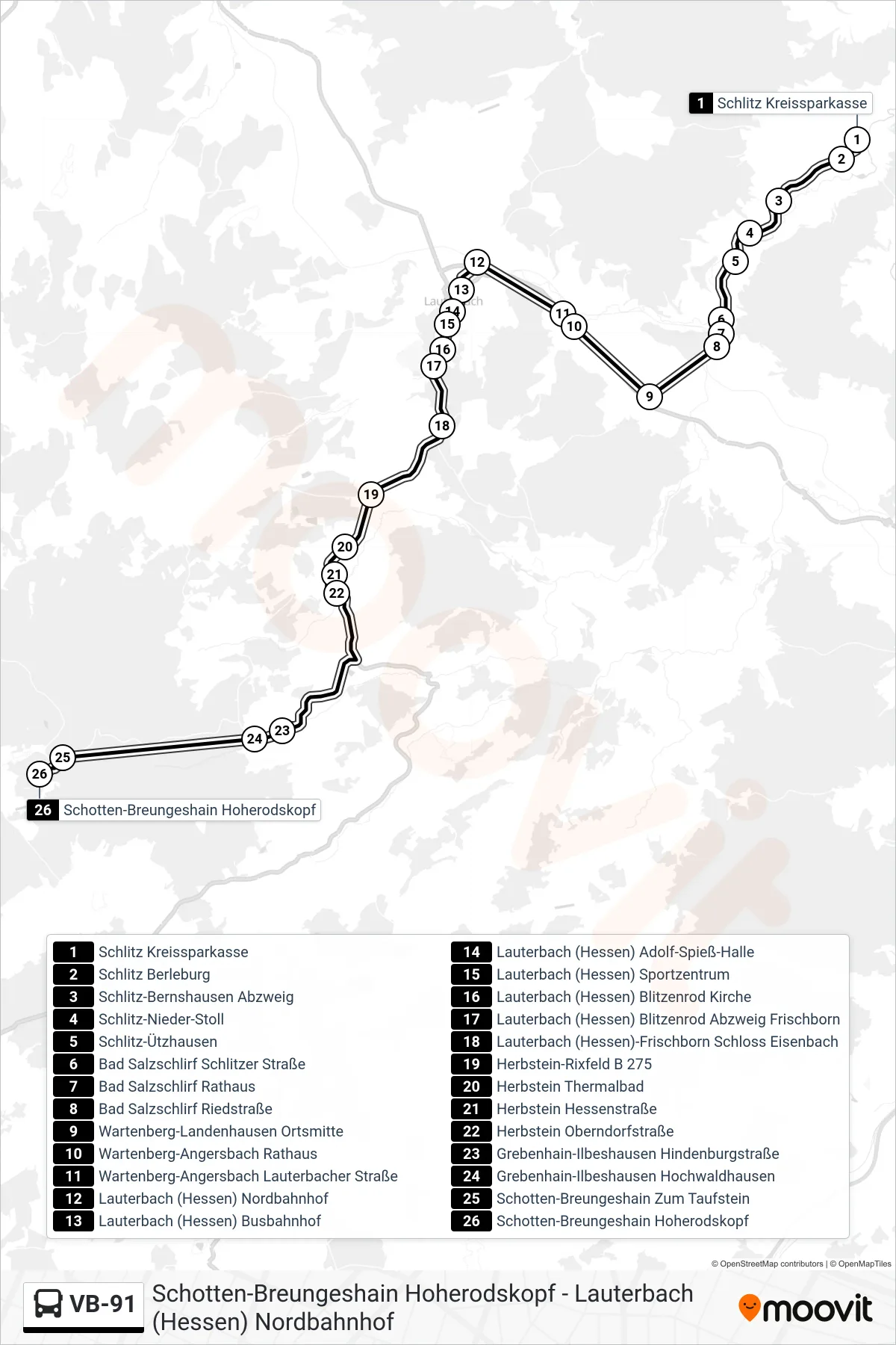 Linie VB-91 (Bus) Richtung Schotten-Breungeshain Hoherodskopf: Route und Haltestellen auf der Karte