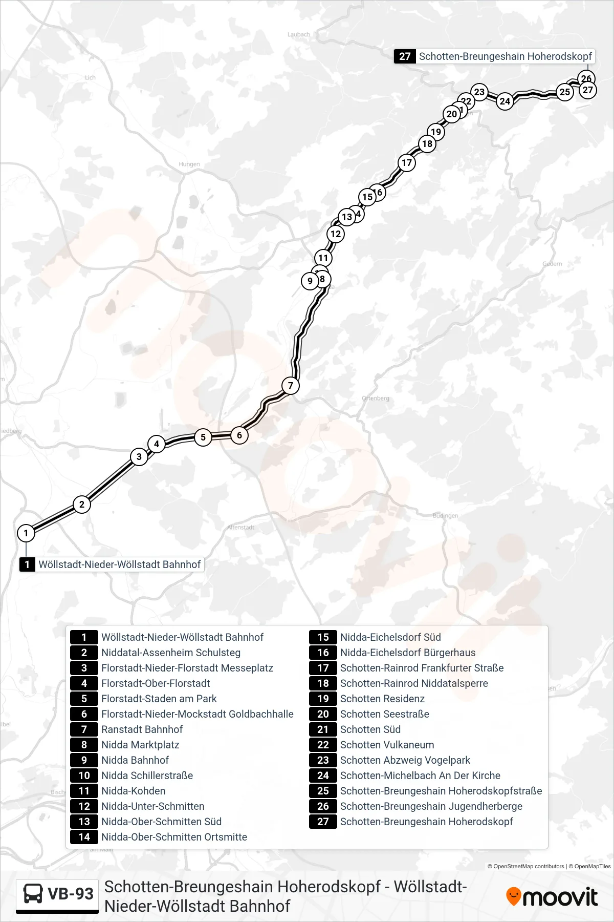Linie VB-93 (Bus) Richtung Schotten-Breungeshain Hoherodskopf: Route und Haltestellen auf der Karte