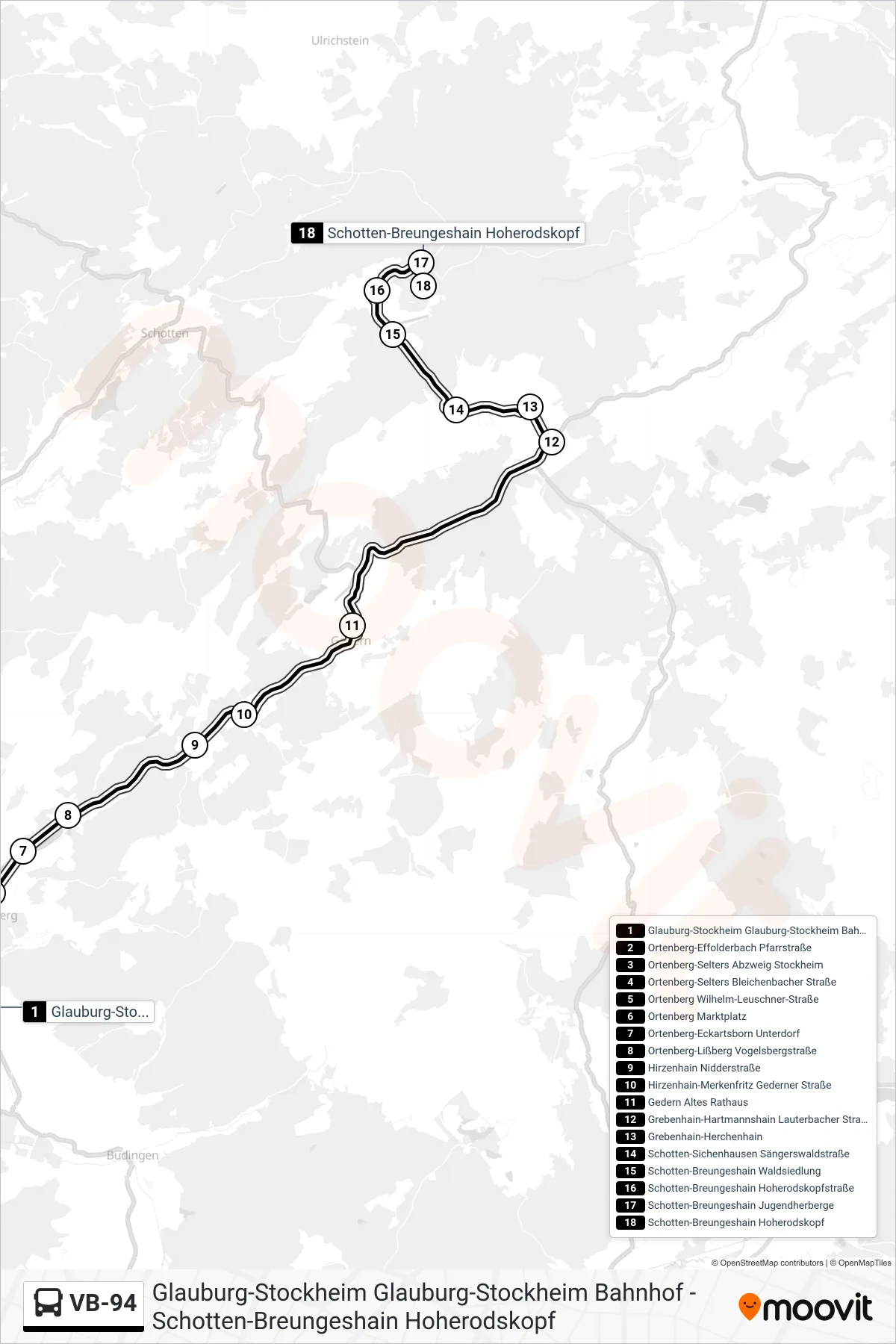 Linie VB-94 (Bus) Richtung Schotten-Breungeshain Hoherodskopf: Route und Haltestellen auf der Karte