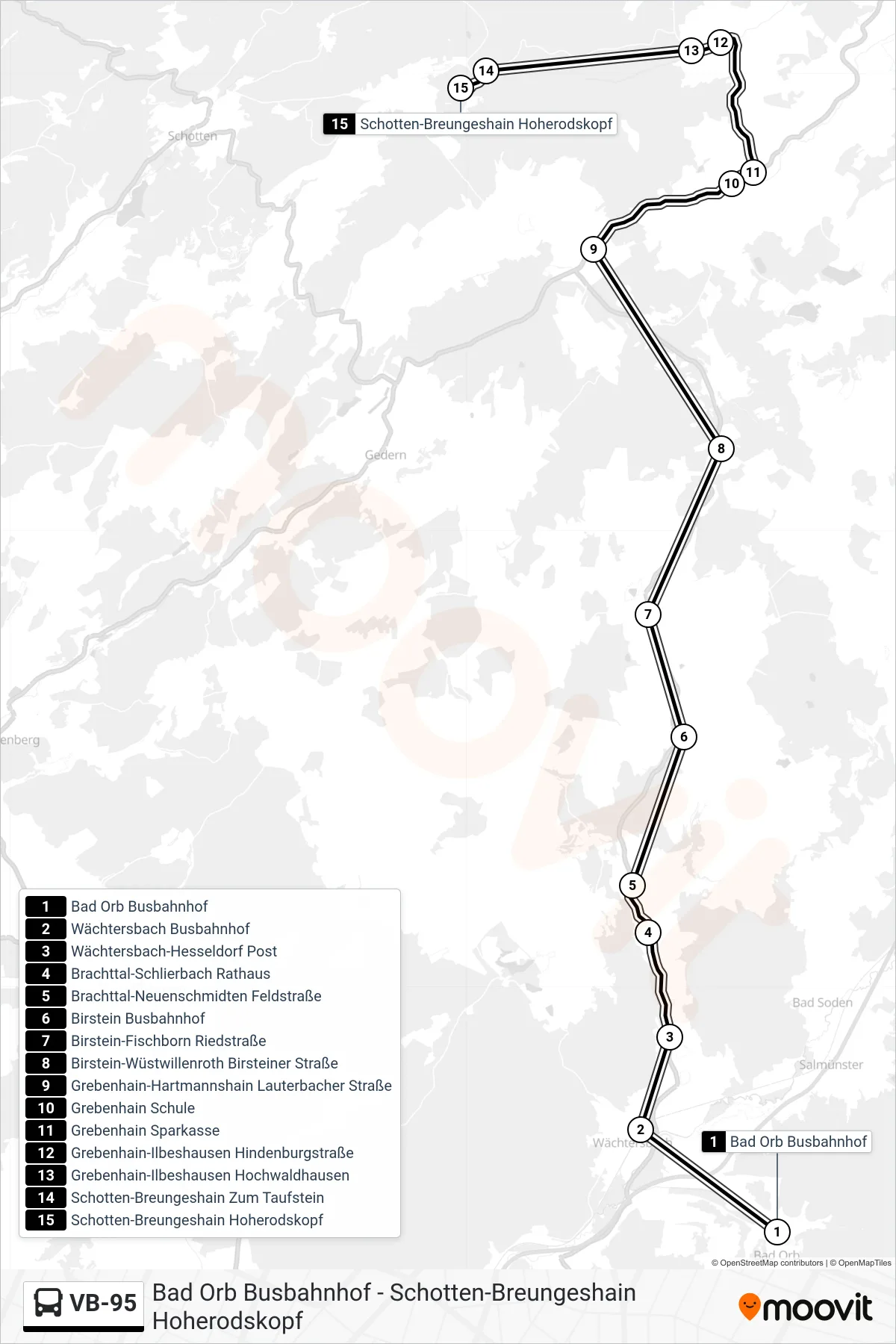 Linie VB-95 (Bus) Richtung Schotten-Breungeshain Hoherodskopf: Route und Haltestellen auf der Karte