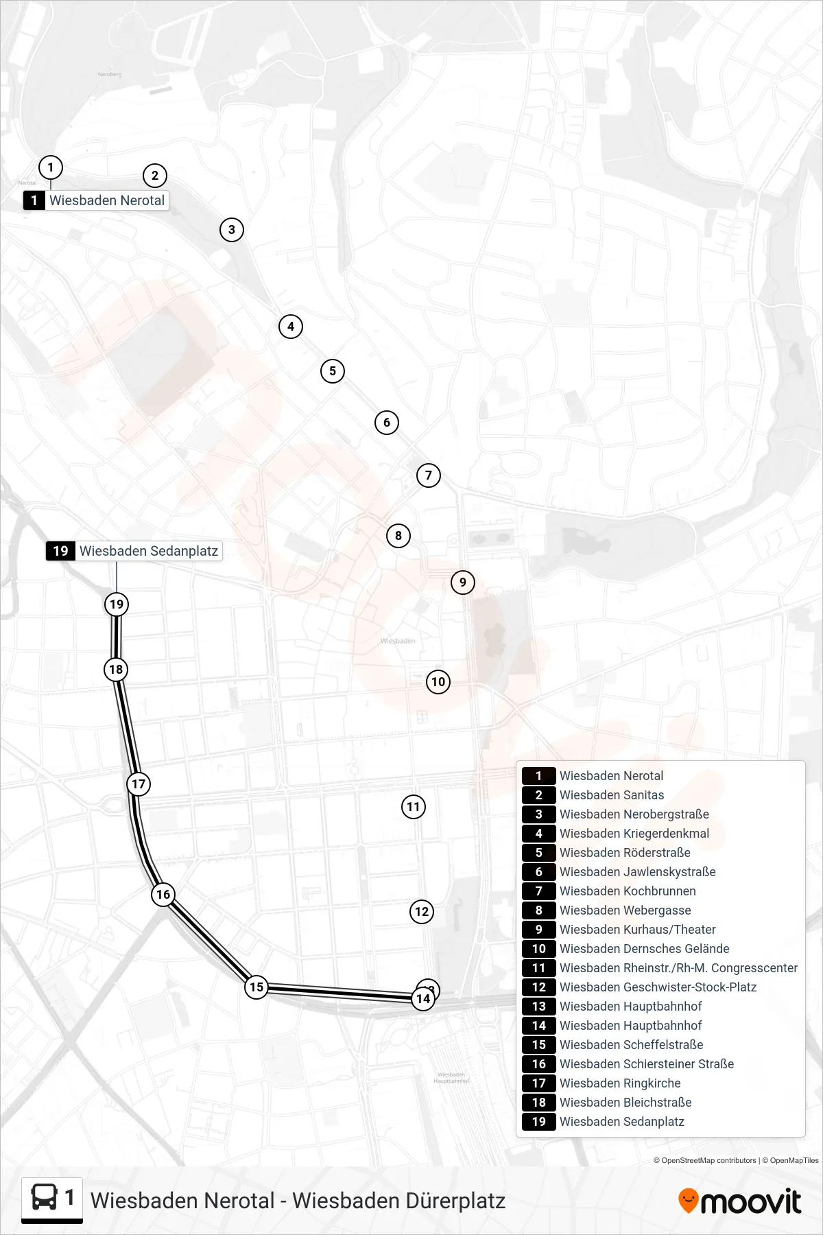 Linie 1 (Bus) Richtung Wiesbaden Sedanplatz: Route und Haltestellen auf der Karte