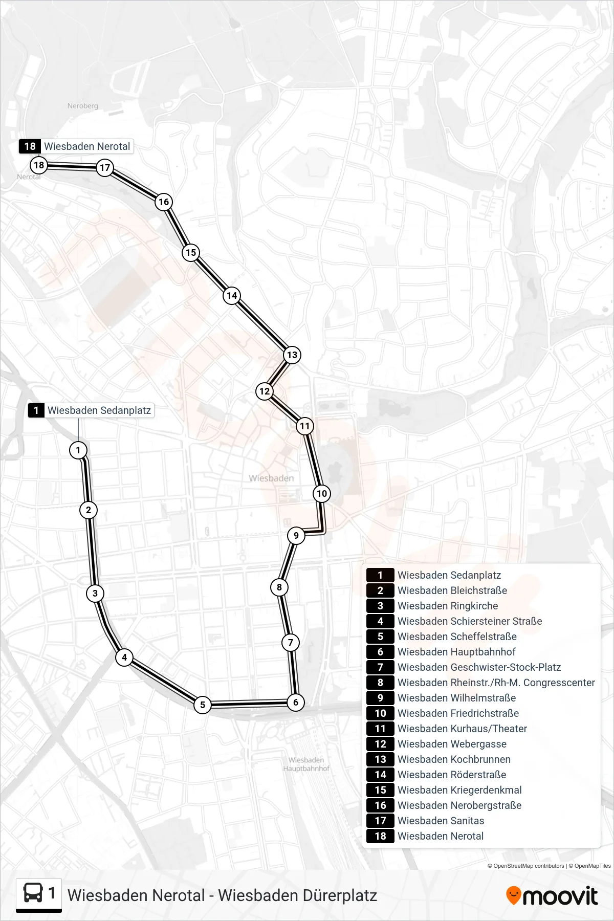1 bus Line (Wiesbaden Nerotal) route and stops on a map