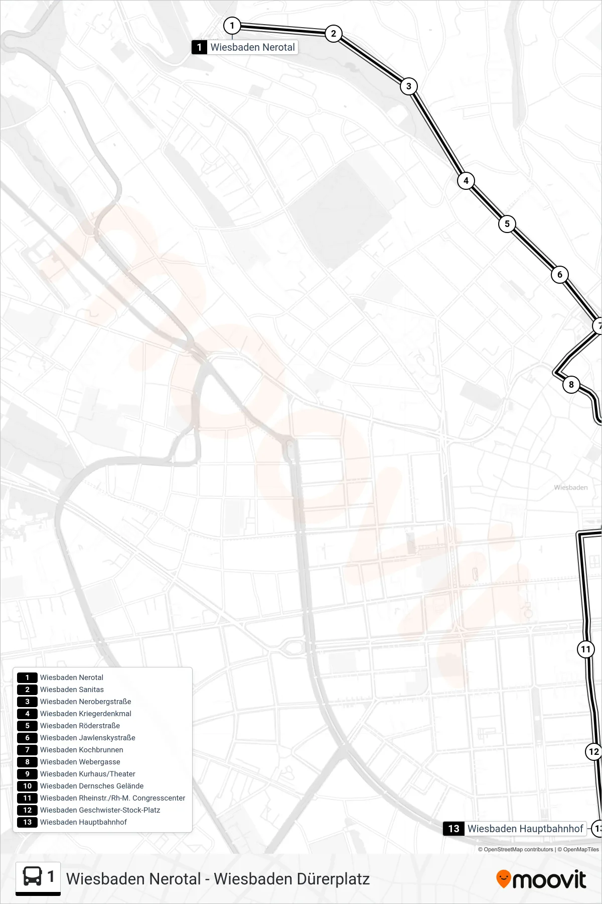 1 bus Line (Wiesbaden Hauptbahnhof) route and stops on a map