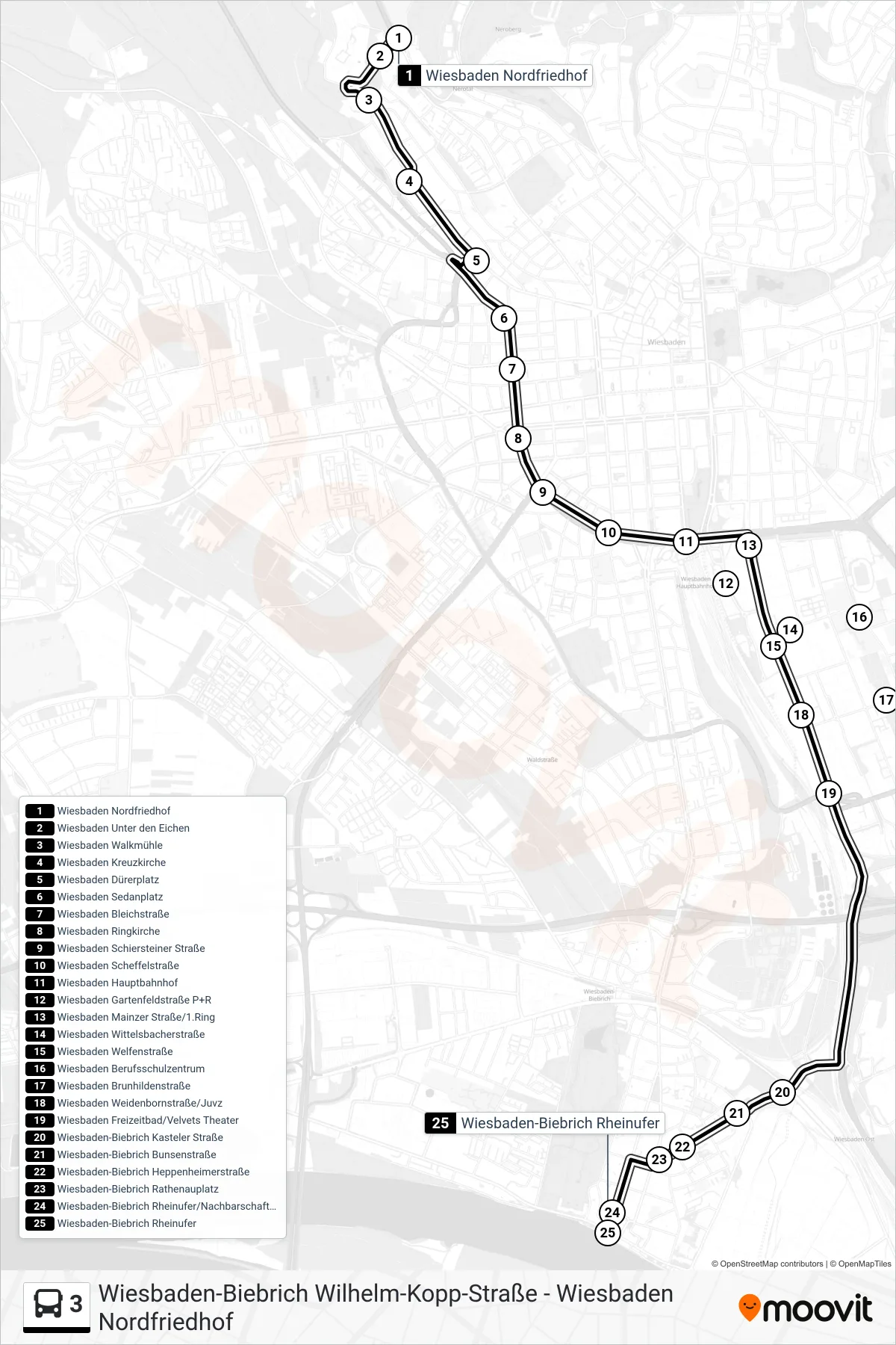Linie 3 (Bus) Richtung Wiesbaden-Biebrich Rheinufer: Route und Haltestellen auf der Karte