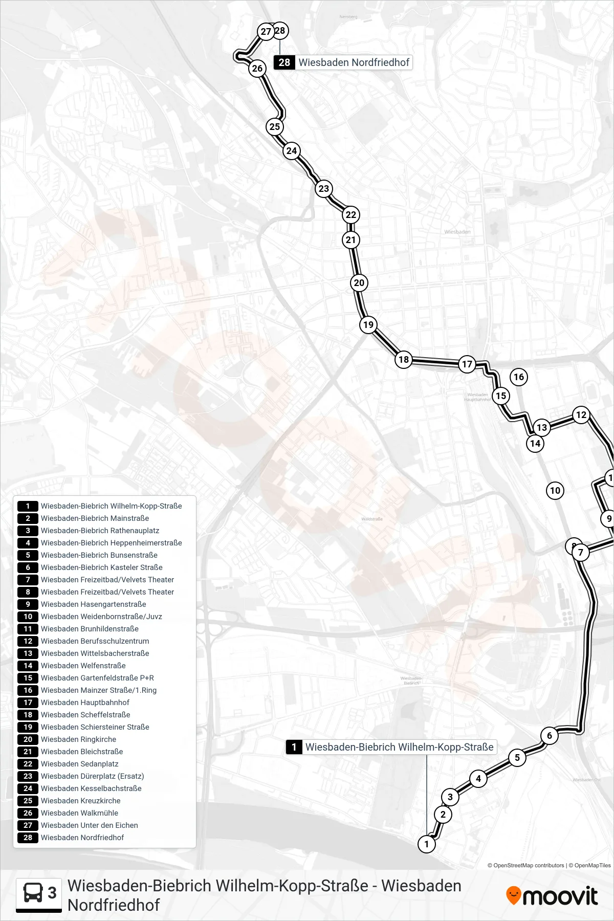 3 bus Line (Wiesbaden Nordfriedhof) route and stops on a map